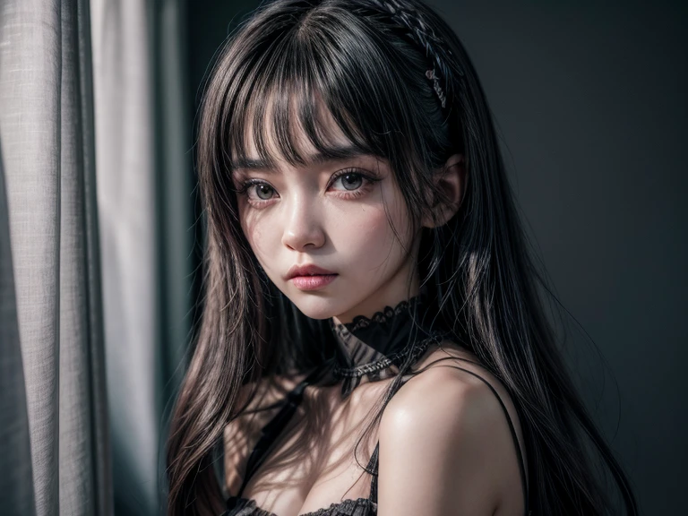 Araffe mulher com cabelo preto e um vestido preto posando para uma foto, ela tem cabelo preto com franja, cruel korean goth girl, garota de anime na vida real, anime vibes, corte de cabelo preto hime, garota anime sedutora, o corte Hime, trends on cgstation, trends on cgstation, shikami, Bela Delfina, Kuvshinov Ilya, melhor qualidade 8k