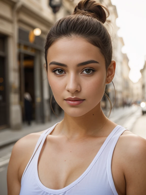 il y a une femme avec un haut jaune et une queue de cheval dans la rue, Portrait de Sophie Mudd, portrait d'A beautiful model, belle jeune femme, photo d'une belle femme, belle jeune femme, jolie jeune femme, beau jeune visage, peau olive impeccable, magnifique visage attrayant, jeune beau visage, beautiful female model, very belle jeune femme, portrait de visage serré