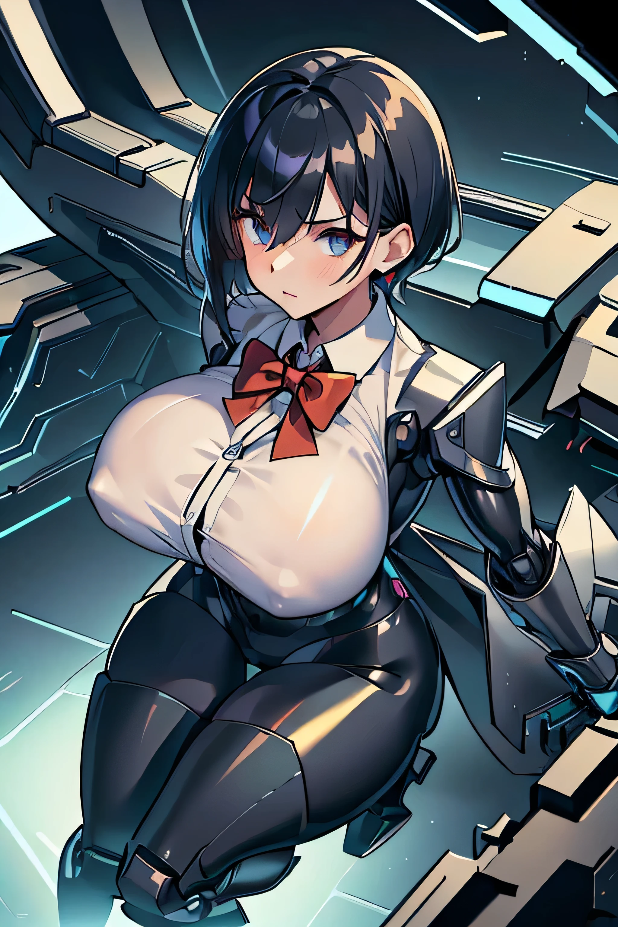 masterpiece , best quality , 1 sexy girl , solo , full body tight suit and bowtie , (covered nipples:0.9) , (gigantic tits:1.2) , (thick arm:1.1) , thick thigh , gigantic hip , (gold hair:1.1) , short hair , (plump:1.1) , robot joint , robot shoulder , embedded in machinery , lying on small sci-fi cockpit , surrounded by sci-fi machinery and monitor , folded , cable attached to the whole body ,spread legs , ahegao ,muscular , suit and tie, formal suit uniform, big shirt collar, formal white dress shirt, formal suit coat, huge giant red bowtie, formal suit clothing, high collar, sex machine, vaginal insertion, machine gun embedded in breasts, gatling gun breasts, gun barrels, breasts are embedded with guns, weaponized breasts, black hair color, black hair, dark hair, fully covered breasts, buttoned white collared shirt