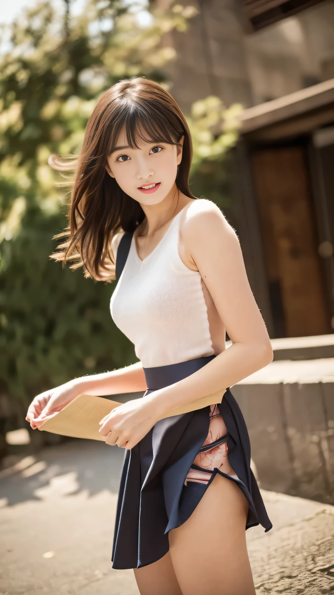 Tabletop, highest quality, (Outdoor、Schoolyard)、((Perfect Anatomy:1.6))、One Girl, (beautiful girl:1.3), (:1.2), Exceptional clarity, (Symmetrical eyes:1.3), ((Browsing Caution)), (Jump, Naked, Cute Skirt, Naked:1.3), ((Big Jump:1.6))、Beautiful breasts, Brown eyes, parted bangs, brown hair, Upper teeth、Wear sneakers、(bend your legs:0.9)、(Lace panties:0.9)、{{(Wind lift:1.6)}}、Whole Body Ezbian、(A strong wind is blowing), (({{The hem of the dress was blown away by the wind......}})))