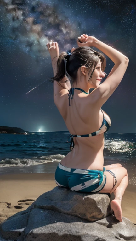 Tabletop, (highest quality), 23 years old,Very detailed, finely, (High resolution), (8k), ((Perfect rear view composition)), Natural color lip,(ponytail:1.3),((A girl sits with her legs spread apart on a rock)),(sitting barefoot on the sand:1.3),((bikini)),((Vermilion Dolphin Shorts),((whole body:1.3),,((shrapnel:1.3)),((Perfect rear view:1.3)),((The magnificent Milky Way floating in the night sky)),((Pose with your arms raised above your head)),(Please look back and smile),((Thigh F-band)),((Big Ass)),((Ample breasts)),(Ample breasts),(Small Pareo),