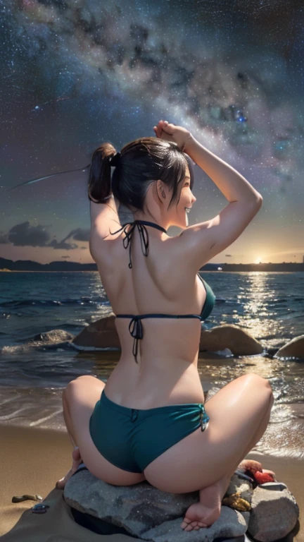 Tabletop, (highest quality), 23 years old,Very detailed, finely, (High resolution), (8k), ((Perfect rear view composition)), Natural color lip,(ponytail:1.3),((A girl sits with her legs spread apart on a rock)),(sitting barefoot on the sand:1.3),((bikini)),((Vermilion Dolphin Shorts),((whole body:1.3),,((shrapnel:1.3)),((Perfect rear view:1.3)),((The magnificent Milky Way floating in the night sky)),((Pose with your arms raised above your head)),(Please look back and smile),((Thigh F-band)),((Big Ass)),((Ample breasts)),(Ample breasts),(Small Pareo),
