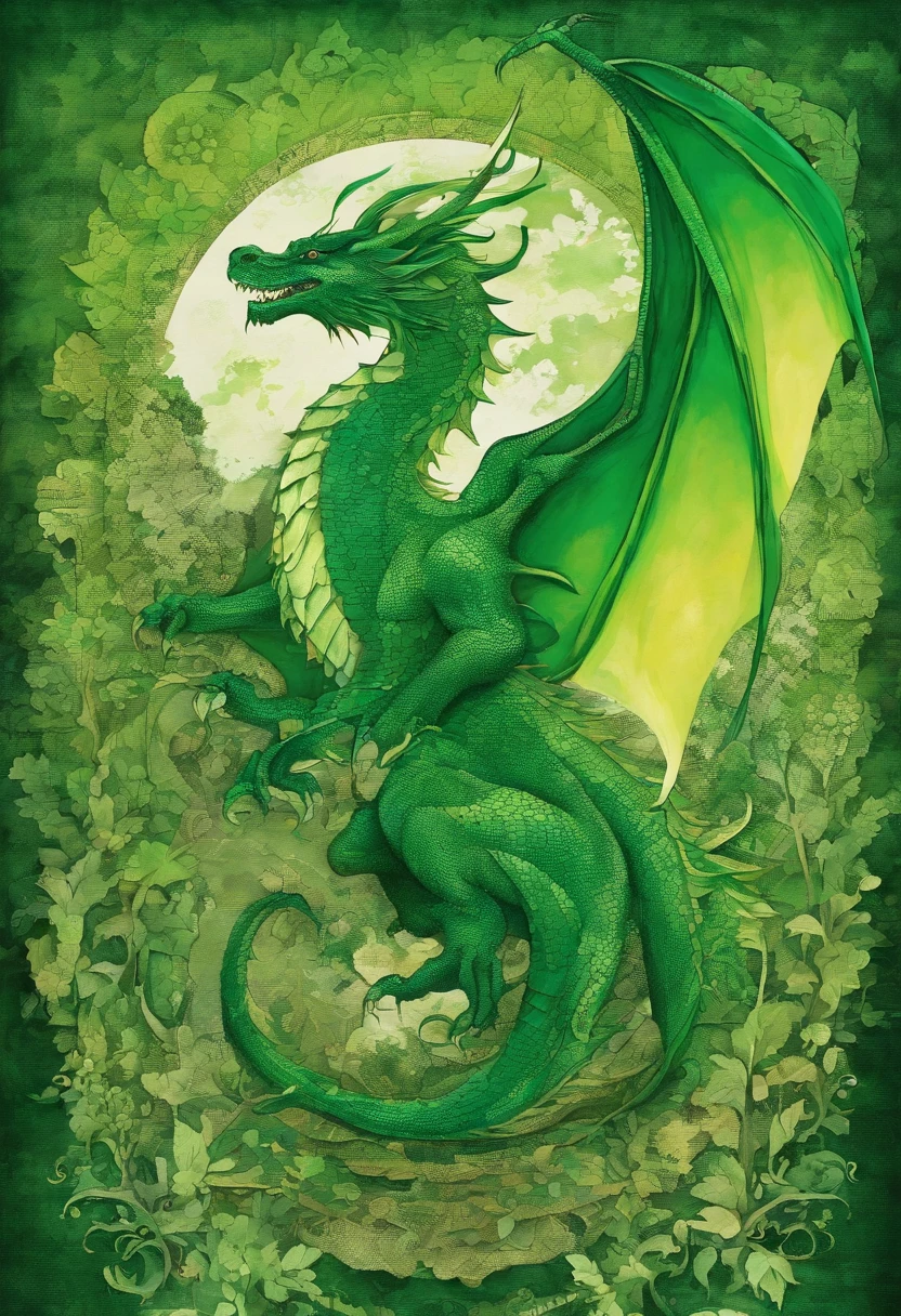 emerald green dragon irish green, true authenticity, regard sincère, posture ouverte accueillante, green forest background ::2 colorful ink painting ::2 art fantasy