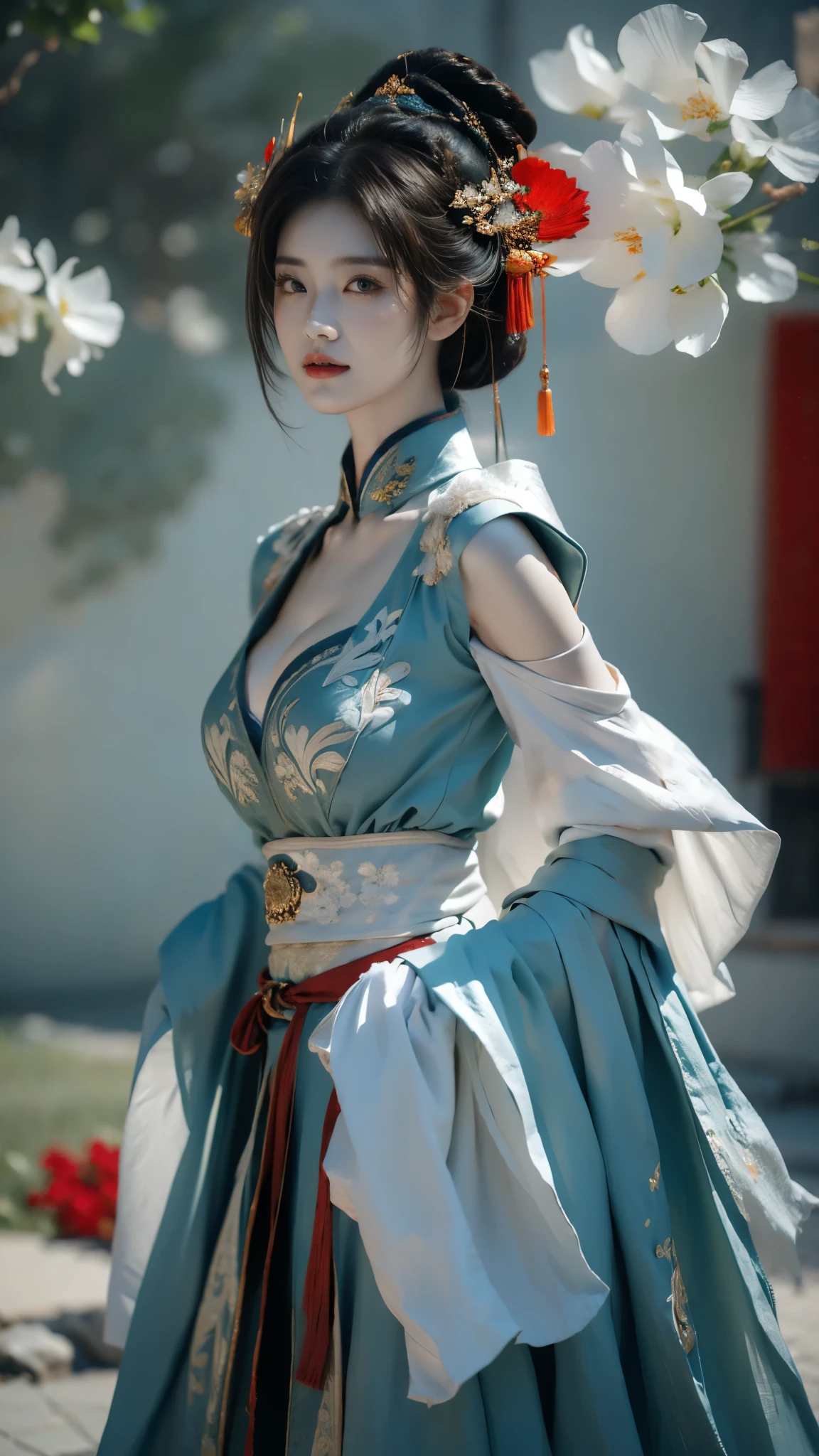 masterpiece,Game Art,Best picture quality,Maximum resolution,8k,(portrait),Unreal Engine 5 rendering works,(Digital Photography),
girl,Colored Contact Lenses,(Gradient short hair blue and red),plump,(Large Breasts),(portrait photography:1.5),
(Tang Dynasty Heroine),casual hairstyle,Exquisite face,(plump breasts,Large Breasts),Serious,Cool and elegant,(Wearing combat armor in combination with the characteristics of Chinese clothing,complex patterns,Mysterious light,hollow armor),(red and black),Ancient fantasy style character movie lighting，Ray Tracing，Game CG，((3D Unreal Engine))，oc render reflection texture