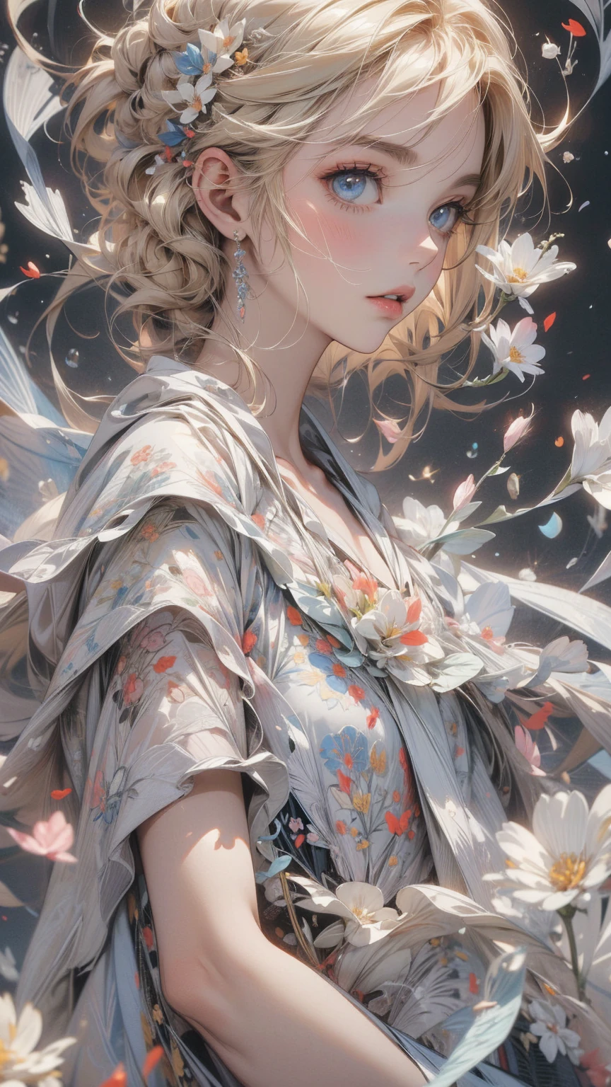 (masterpiece, High resolution, highest quality), Composition from head to thighs:1.3, Upper body focus, 20-year-old woman, Wearing only a large piece of black cloth:1.3, Blonde Hair, Disorganized, Petal Collage, abstract design, artistic juxtapositions, White background, mixed-media approach, Fractal Art, Anime Style, simple lines, Digital Painting,