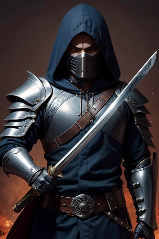 um ladino que usa uma katana, with badass armor and a hood with an iron mask and he's a MAN, just without a wallpaper