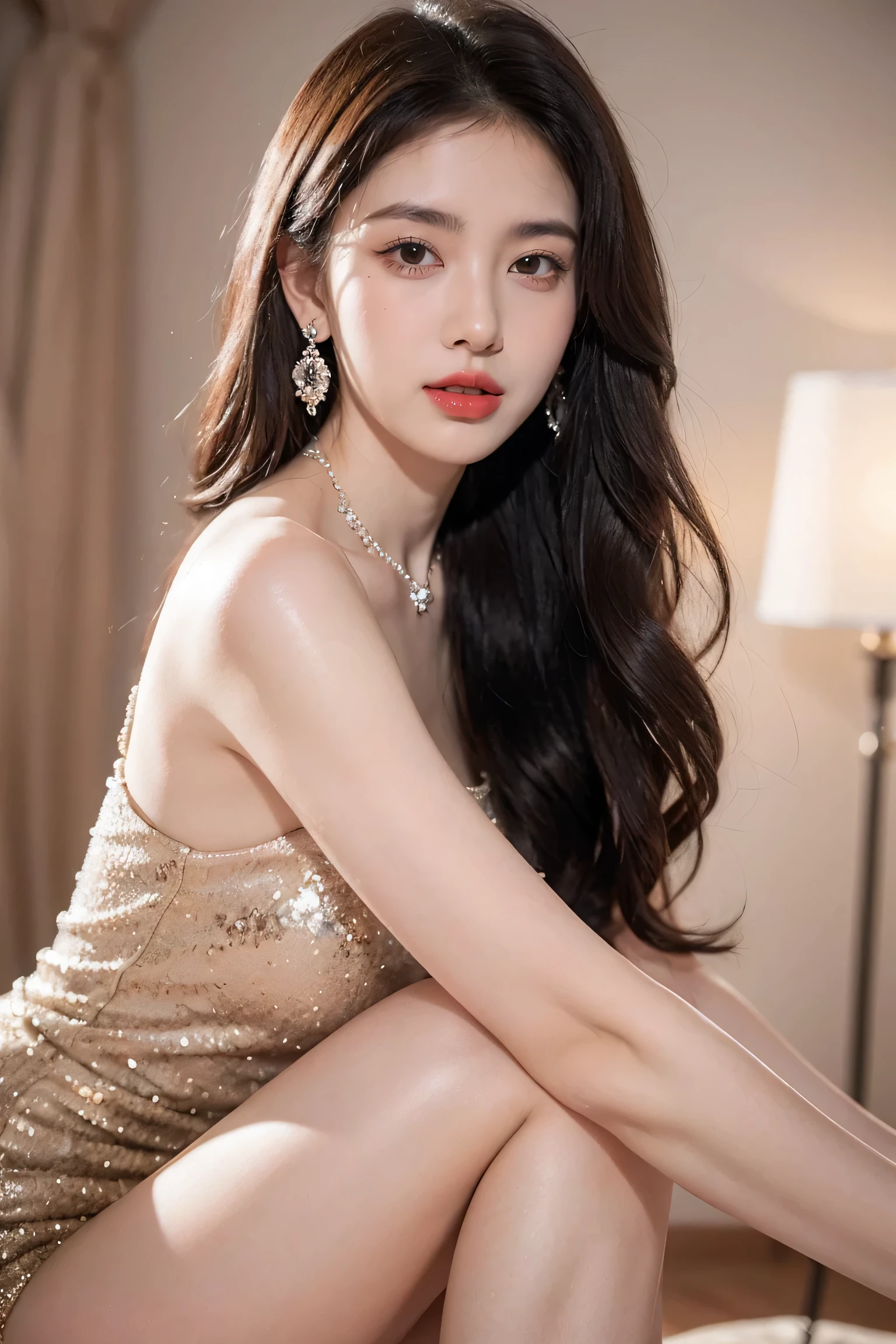 Top CG, Highest image quality, masterpiece, Gentle and beautiful girl, (185cm美女), (fit), Imperial sister, Queen temperament, White skin, ((Long legs)), perfect facial features, Bright Eyes, Seductive pose, Red lips, Beautiful and cold (A major breakthrough)), Beautiful and heroic, Soft and long hair, Glittering, Lace, net, Visible through clear skin, wear glasses, diamond earrings, ruby neckLace, (Black evening gown), 8K Image Quality, (Realistic Portraits), Characters fill the screen, (Facial lighting), ((eternal)
