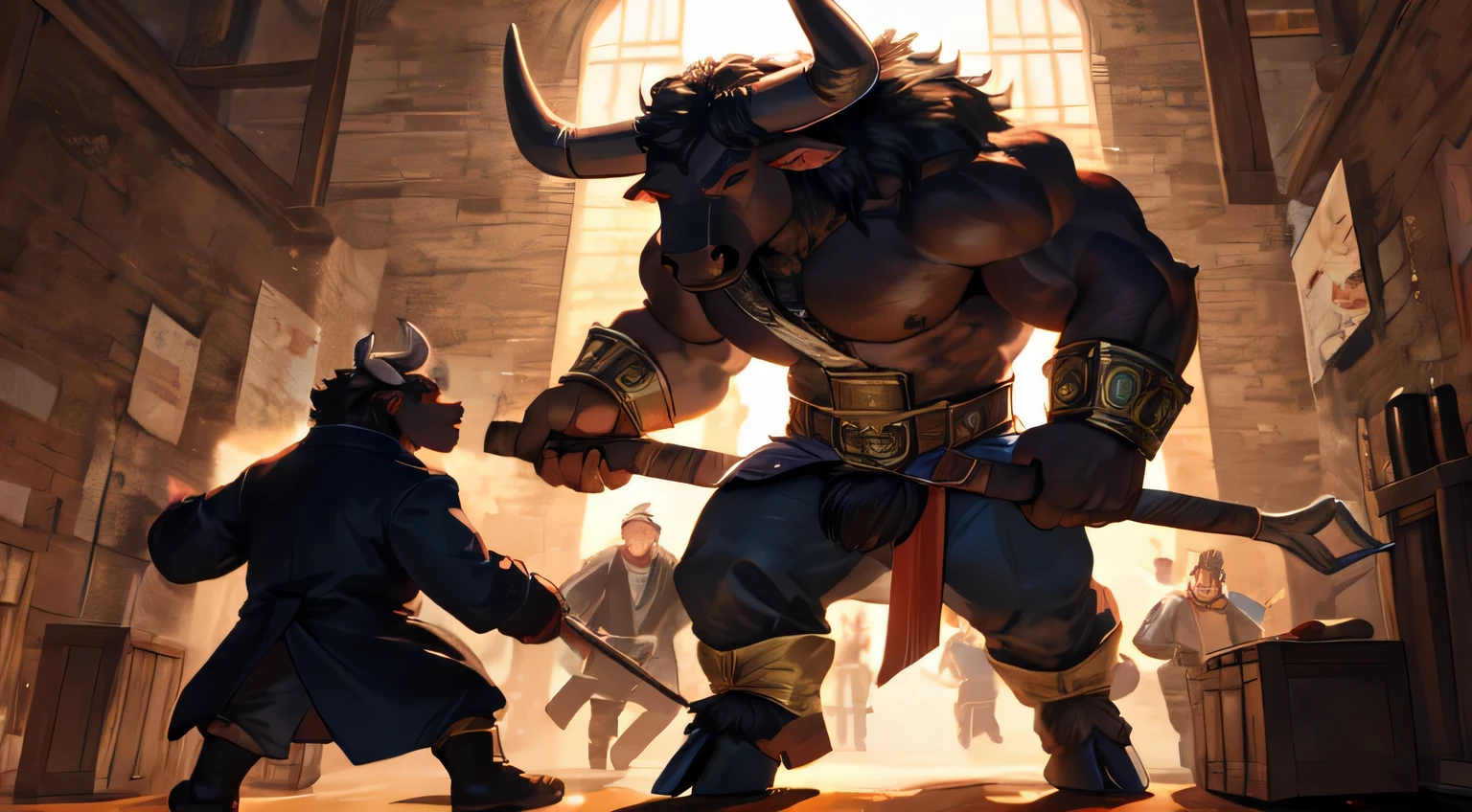 Minotaur holds a large ax rushes in to attack