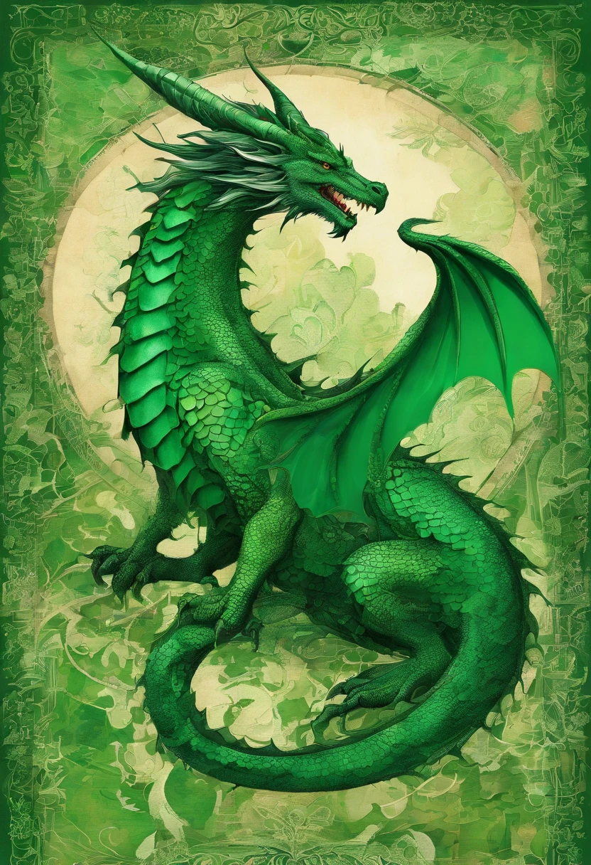 emerald green dragon irish green, true authenticity, regard sincère honnête profond, posture ouverte accueillante, green forest background ::2 colorful ink painting ::2 art fantasy