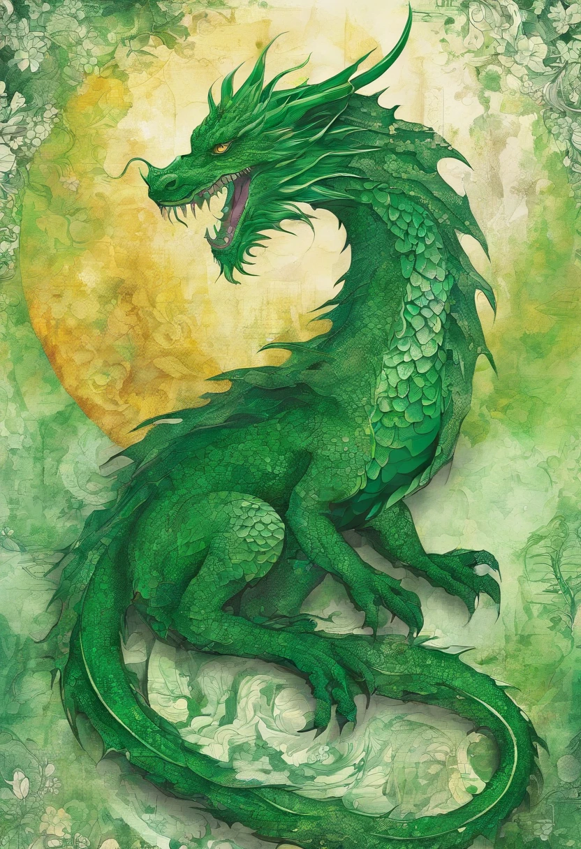 emerald green dragon irish green, true authenticity, regard sincère honnête profond, posture ouverte accueillante, green forest background ::2 colorful ink painting ::2 art fantasy