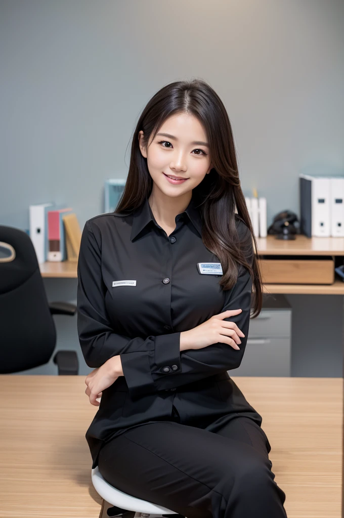 (Natural background), masterpiece, highest quality, shape, Very detailed, finely, High resolution, 8k wallpaper, 完璧なダイナミックな構shape, finelyて美しい目, Big Breasts, Natural color lip, Random pose, smile, ((office)), Beautiful women in their twenties, full body shot, Long Hair, ((working office uniform)), Thinking Ahead, Sit on a chair