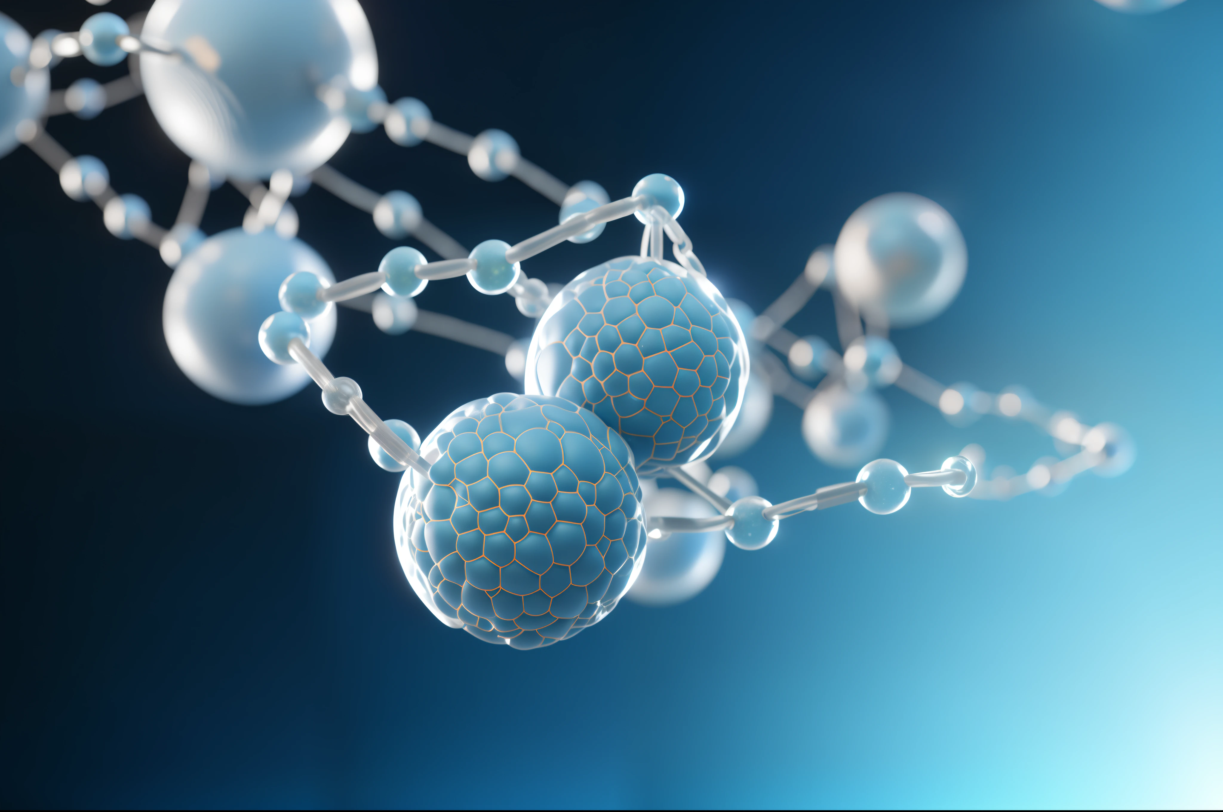 Close up of a pile of balls and chains on a blue background, 的molecular 3D 模型, floating molecular, space molecular, molecular, molecular, ctane 3 d rendered, Dust molecular, Biochemistry illustrations, metaballs, depicted as a 3 d render, Synthetic biological skin, rendered in cinema4d, Rendering in Cinema 4D