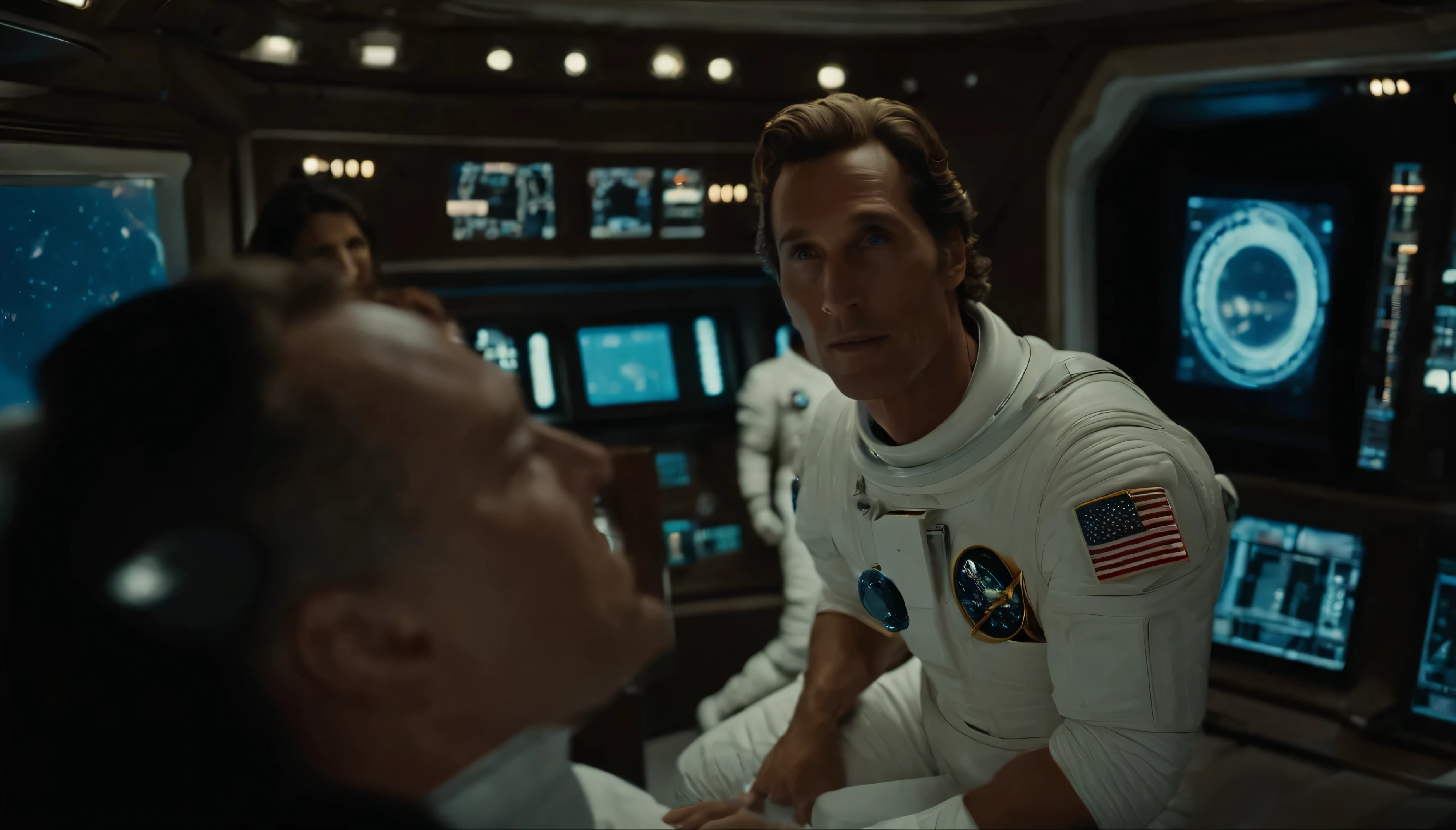 Matthew McConaughey in the space in the astronaut suite with his one crewmember inside the spaceship, vintage shot 