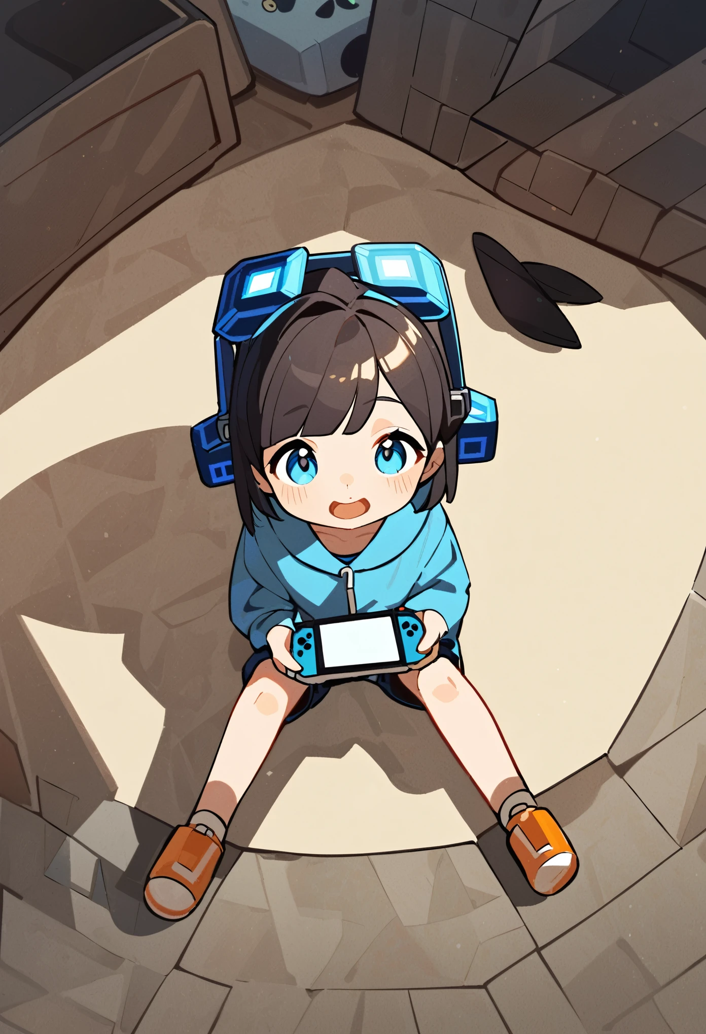 A child wearing a cube headgear,Holding a square game console in both hands,sit on the floor,Bird's-eye view,2D cartoon style