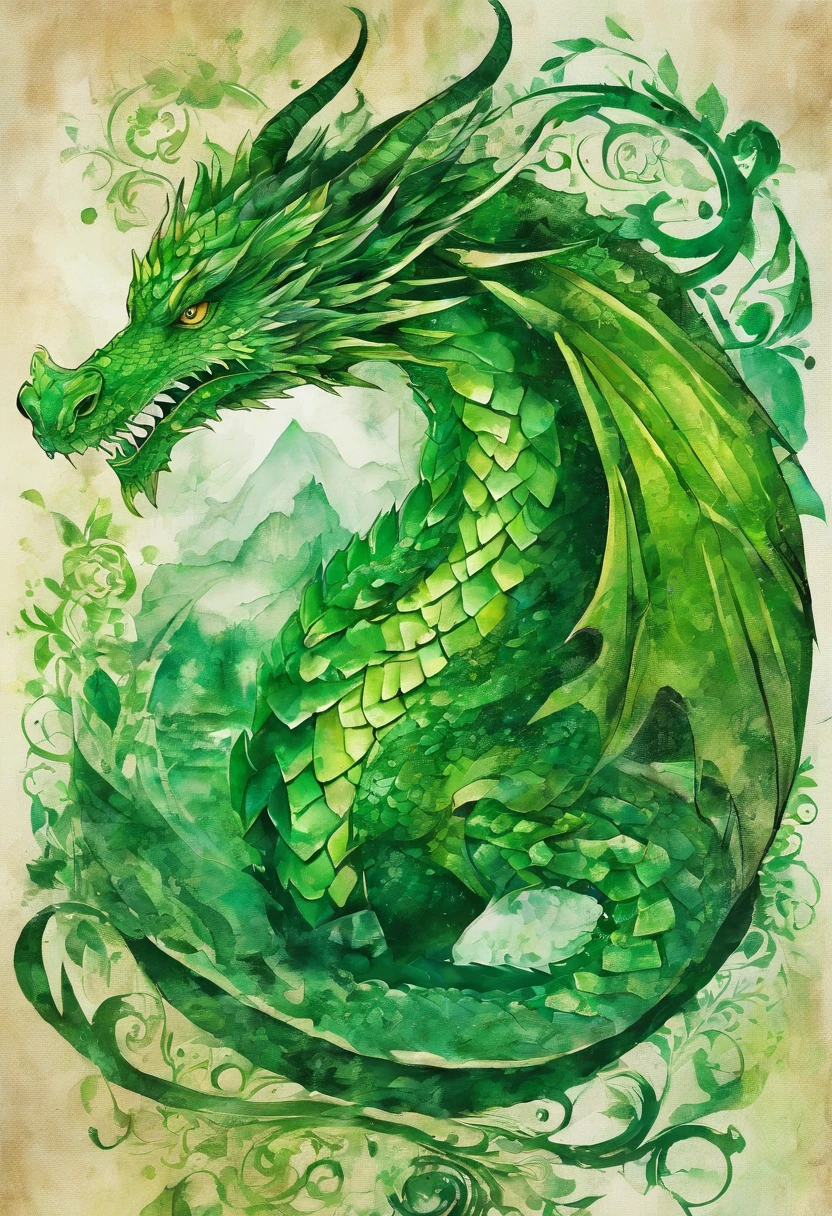 real emerald green irish green dragon, regard sincère, posture ouverte accueillante, green forest background ::2 colorful ink painting ::2 art fantasy