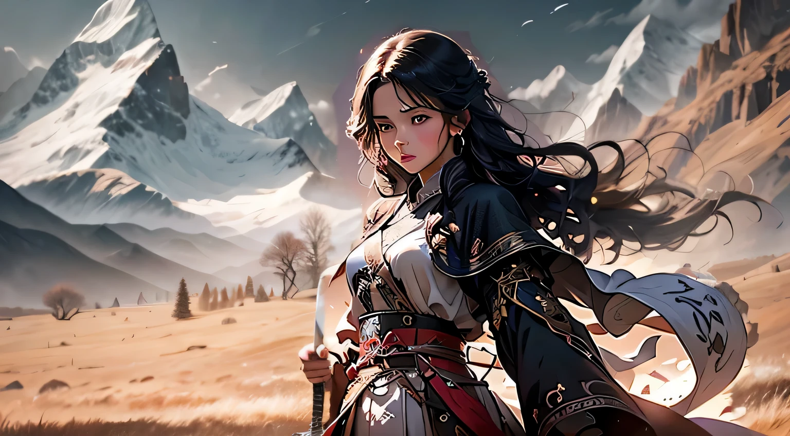 There is nothing else on the empty grass.，A girl holds a long sword in her hand，Expression is blank，flowing hair，There are mountains in the distance