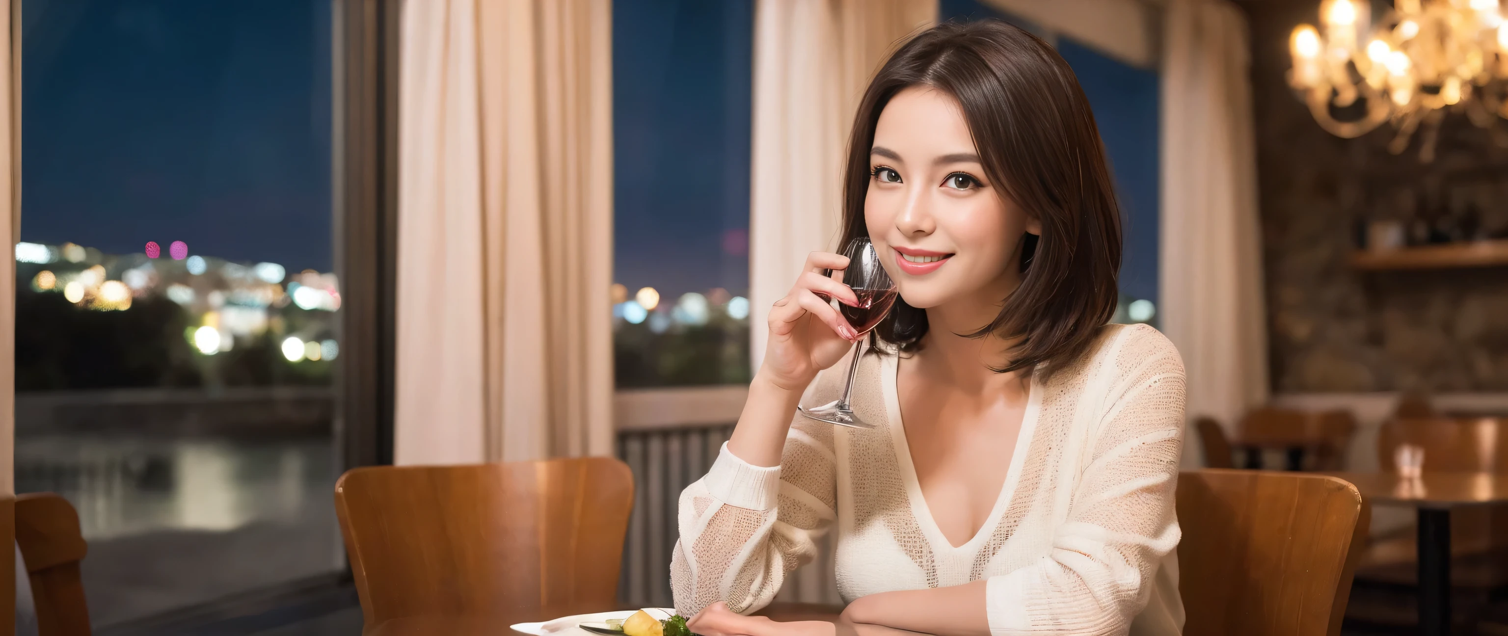 ((highest quality、8k、masterpiece:1.3))、Sharp focus:1.2、Beautiful woman perfect body:1.4、Slim body、((Bob Hale、Straight hair:1.2))、(to be born, highest quality, masterpiece:1.5), (Realistic, Intricate details:1.2), Ultra-high resolution, Spectacular view of the sunset sky and clouds、Amazing mountain views、A bright smile、wine glass、red wine 、Appetizer、Italian food、Wine bottle、Champagne、sparkling wine、, Beautiful Face, blue eyes, The light shines on your face, Blushing, short hair,Bright Face、Fox face、 (42 years old), 39 years old, Lady、Two beauties、brown hair、Shortcuts、Long sleeve shirt、dress、Pretty Woman 1, (slim face), (The body is slim), (brown hair), (Shortcuts), cheeks turn a little red,charming beauty、, Out of the window, A beautiful and detailed night view unfolds.........., restaurant, In a prominent place (From the waist up) Nova Frog Style, actress, model, Upper Body, White wine, slim, wine glass, wine glass placed in the middle, smile, (smile: 1.15), Beautiful fine grain, Depth f/2,saturation, High Contrast, Strong light and shadow,Moist Body:1.5、3D texture、Delicate eyes、brown hair、The hair is very shiny、