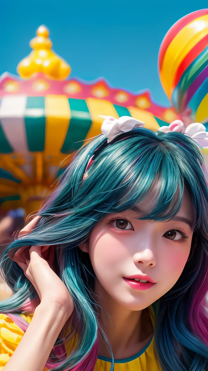 (masterpiece、highest quality、official art:1.2)、(colorful)、see the beholder、1 girl、portrait、alone、Colorful floating 、peekaboo、Touching your hair、balloon、amusement park