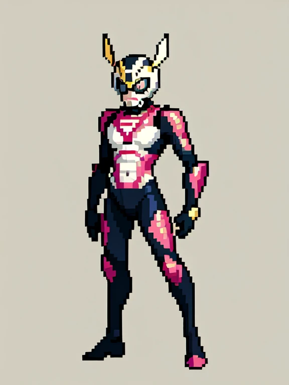 (masterpiece, top quality, best quality), pixel,pixel art,kamen rider with gold and pink suit,full body, 
 