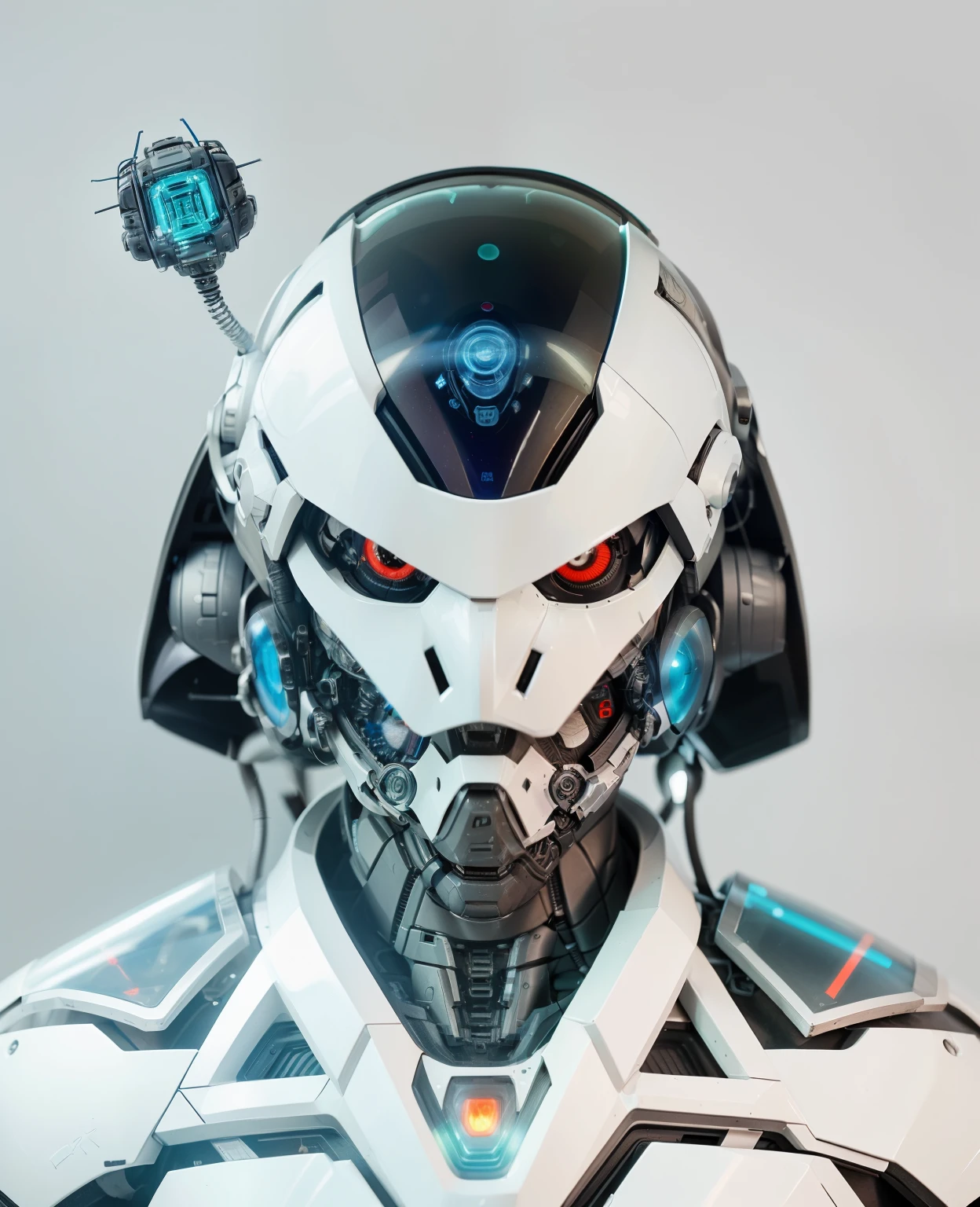 a close up of a robot with a futuristic helmet and a sci - fior, portrait of a futuristic robot, futuristic robot, close-up portrait of cyborg, detailed portrait of a cyborg, cyberpunk robot, with futuristic gear and helmet, cybernetic cyborg warrior, detailed face of an android, beautiful robot character design, futuristic robot devil, futuristic cybernetic helmet
