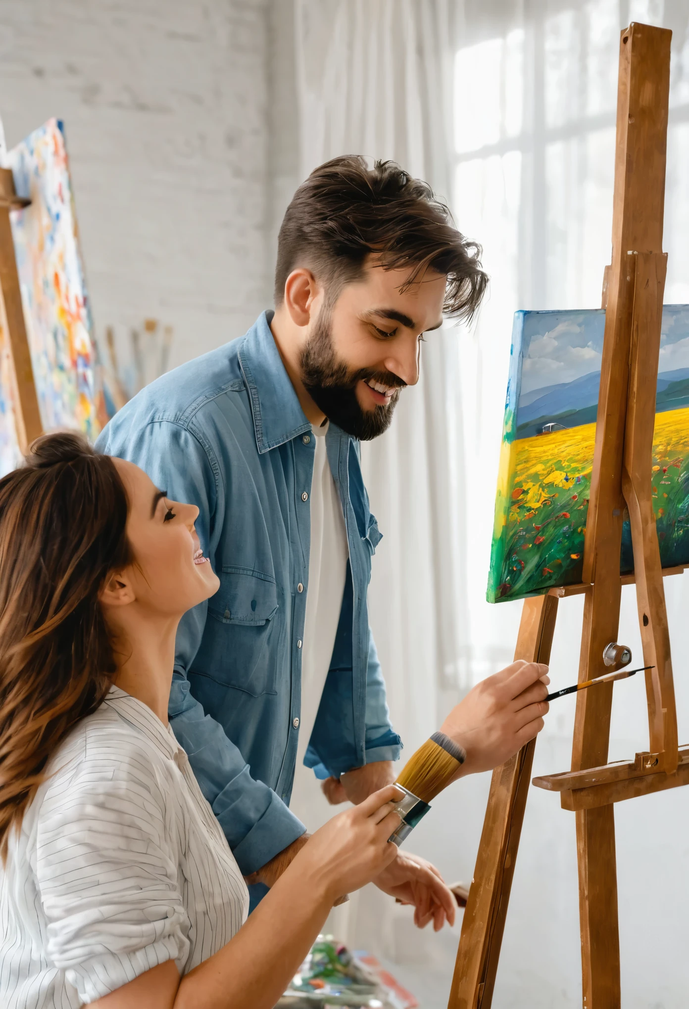 A man watching woman he loves while she is painting a picture
