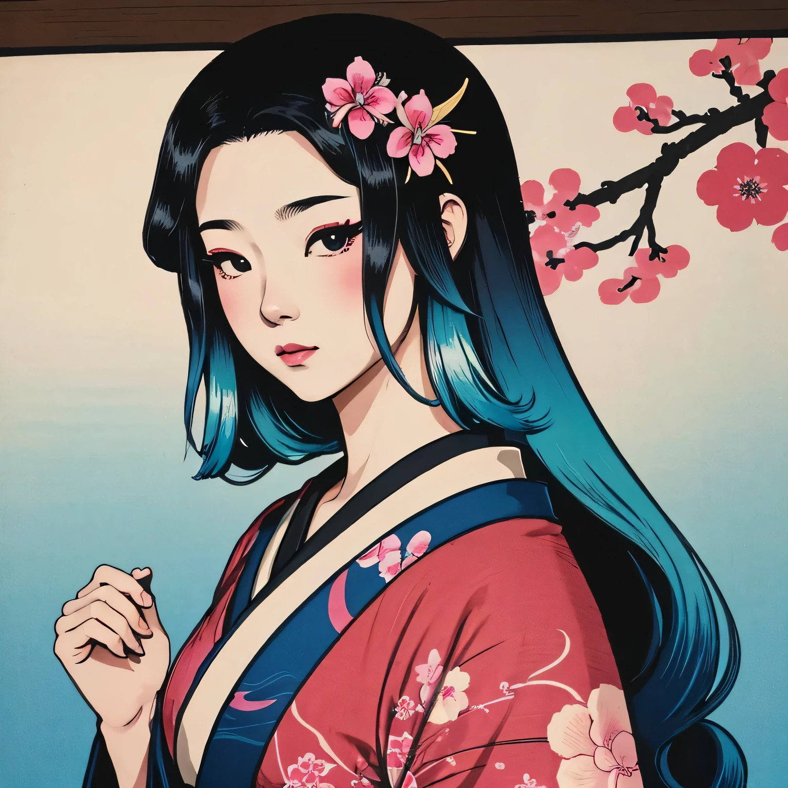 Art vintage japonais, Conception de t-shirts, art vectoriel, art plat:1,4. \\ (japonaise, en kimono, ukiyo-e, couleurs, printemps , (cheveux noirs:1,1) , color gradient, cyan, fuchsia, bare shoulders, belles formes, very long hair : 1.2