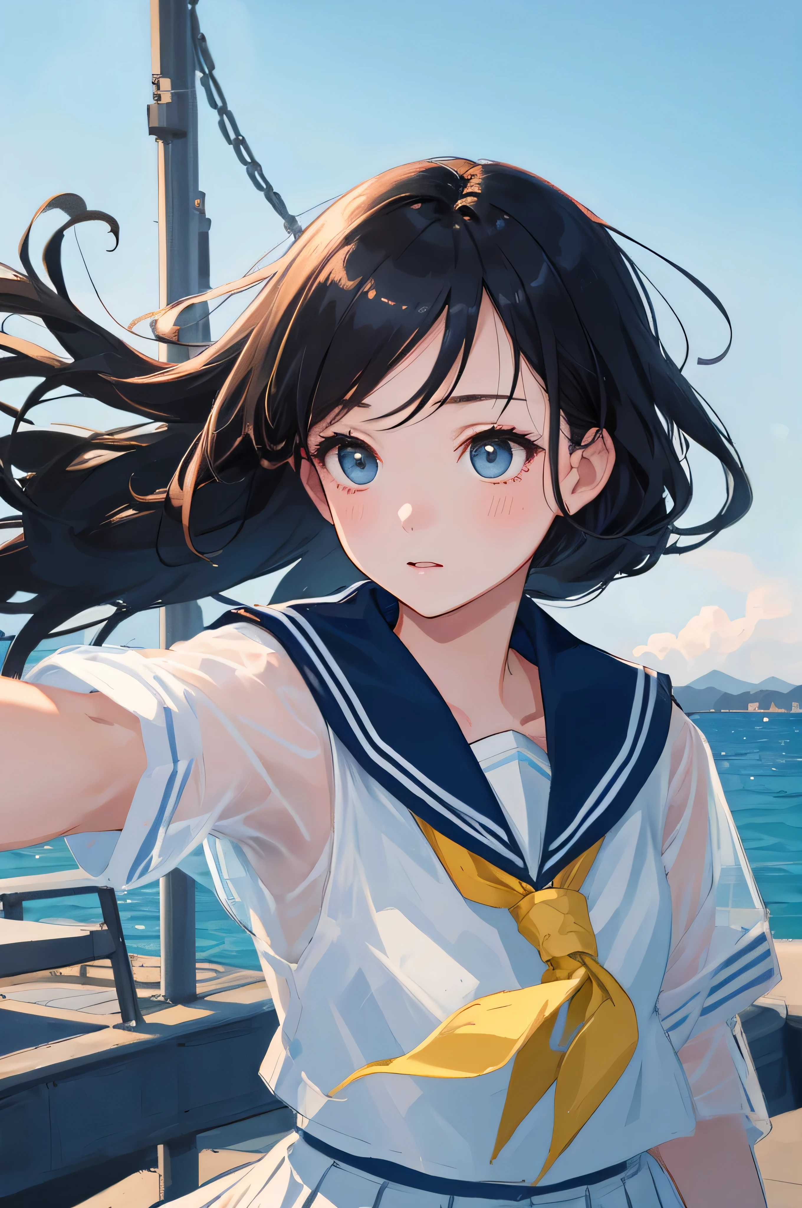 (highest quality:1.4)、High resolution、Detailed Background、(Beautiful face in every detail:1.4)、Detailed and phenomenally correct、Realistic、Beautiful girl、Black Hair、Braided long hair、Light inner color hair、Zoom in on shoulder from the side、Looking sadly at the sea、Upper body only、The wind is blowing、Feminine silhouette、cute、
(White sheer sailor suit、light blue sailor color:1.2)、Checkered pleated mini skirt、White knee-high socks、Absolute area、cute detailed eyes、
Kobe Harborland、The atmosphere at dusk is romantic..、Beautiful sea views