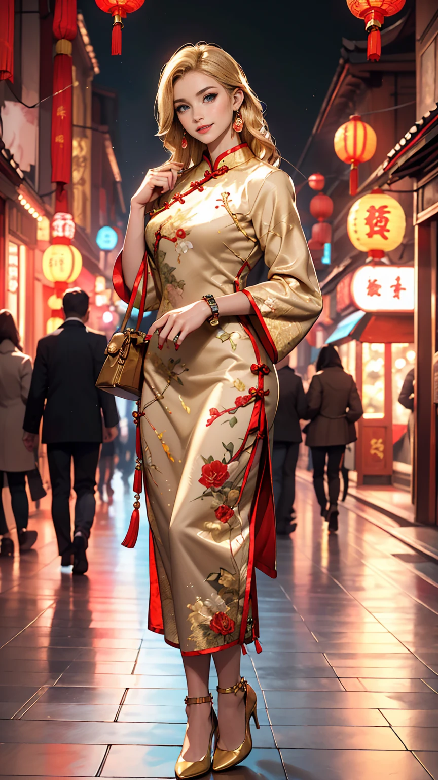 ((最high quality, 8K, masterpiece: 1.3, Ultra HD, high quality, 最high quality, High resolution, realism)) 、25-year-old Caucasian female、blue eyes、long hair、smile、I want my head to stay off screen、Wear accessories on your wrist、Wearing red nail polish、I have a peticure、aerial perspective((atmospheric perspective))、smile((smiley))、Background blur((depth of field)、Crystal Earrings((crystal earrings))、Blonde((blonde hair))、Braided long hair((low-braided long hair))、A lavishly decorated Qipao((cheongsam))Wear、Wear stiletto heels、I'm in Chinatown, where the night lights are beautiful.