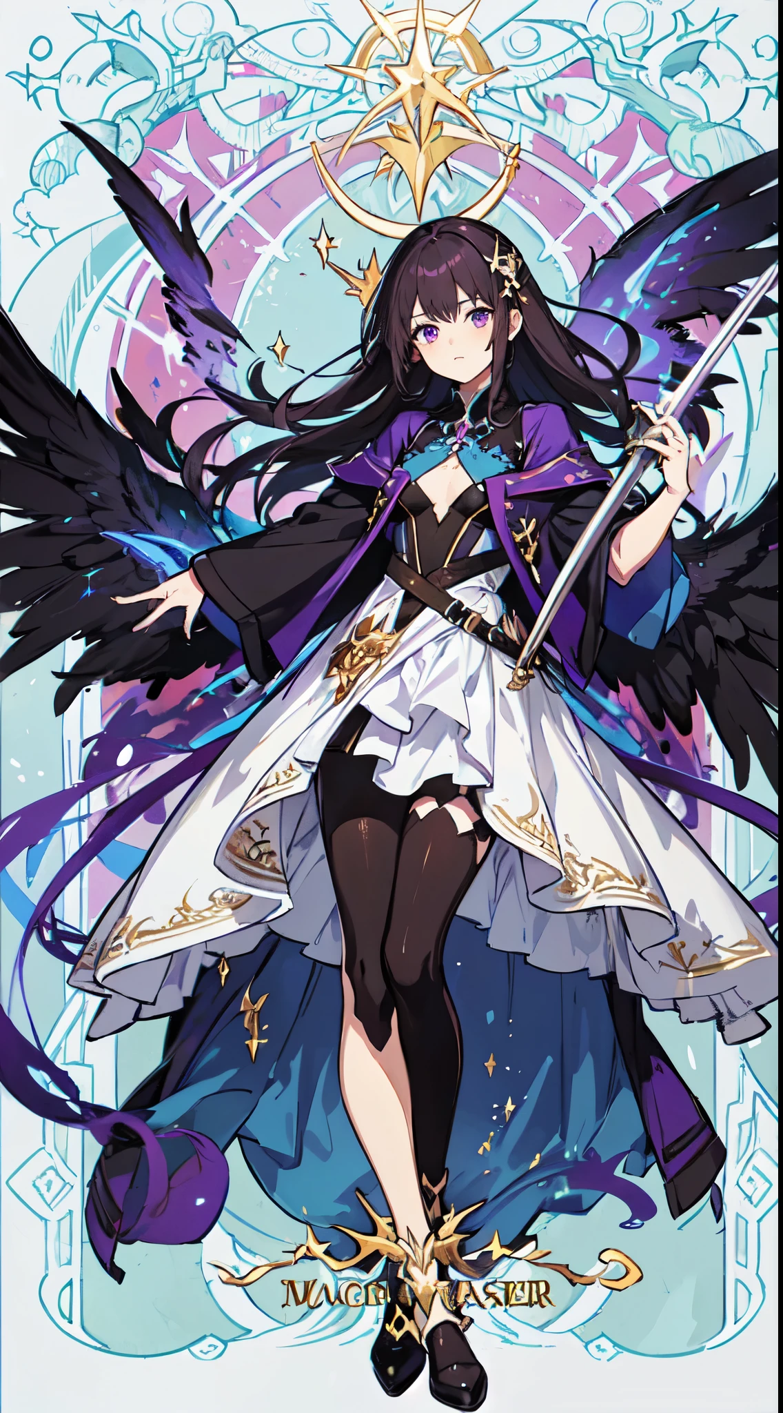 1girl, named sidrin, purple dark hair, a sword of vanquisher--Sidrin, emitates purple dark, long hair, dead pan face, covering clothes, magic aura