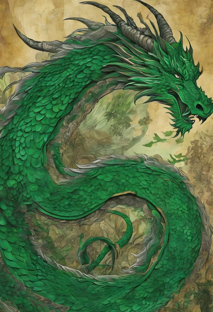 emerald green dragon irish green, true combative warrior, regard intimidant puissant, imperial posture, green forest background ::2 colorful ink painting ::2 art fantasy