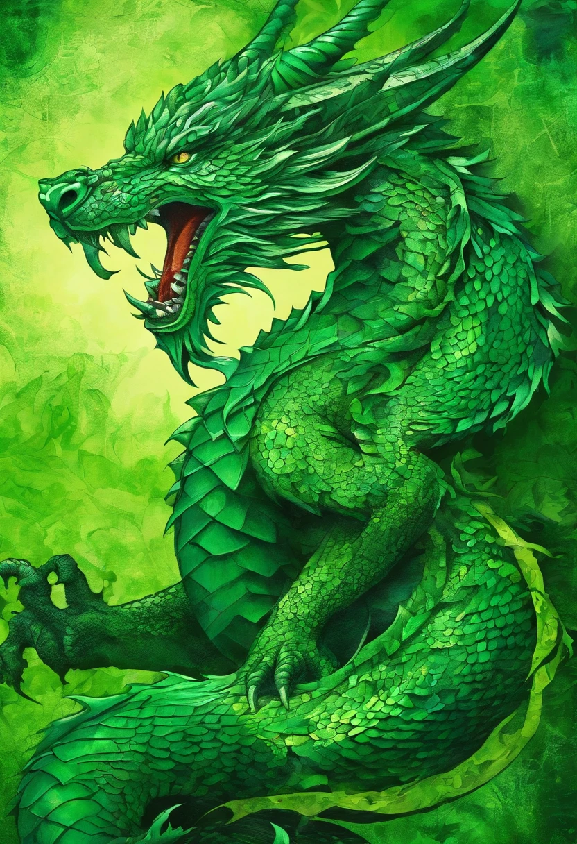 emerald green dragon irish green, true combative warrior, regard intimidant puissant, imperial posture, green forest background ::2 colorful ink painting ::2 art fantasy