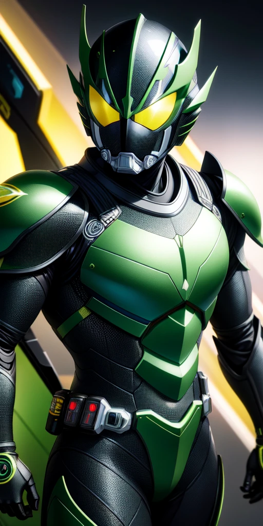 realistic,hd,ultra hd,detailed,hdr,8k, kamen rider, black and green armor
