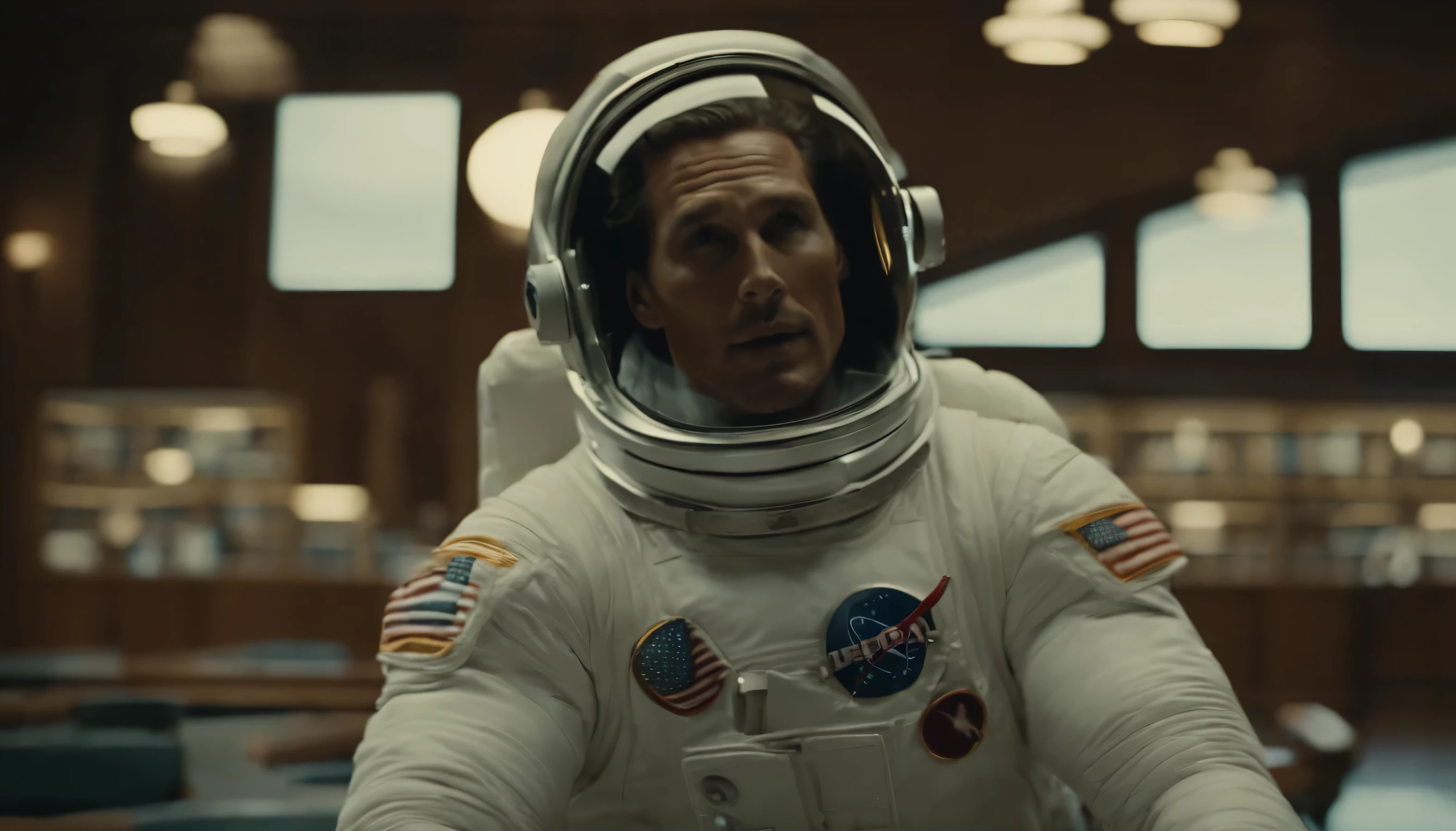Matthew McConaughey in the astronaut suit floating inside the library, vintage style shot