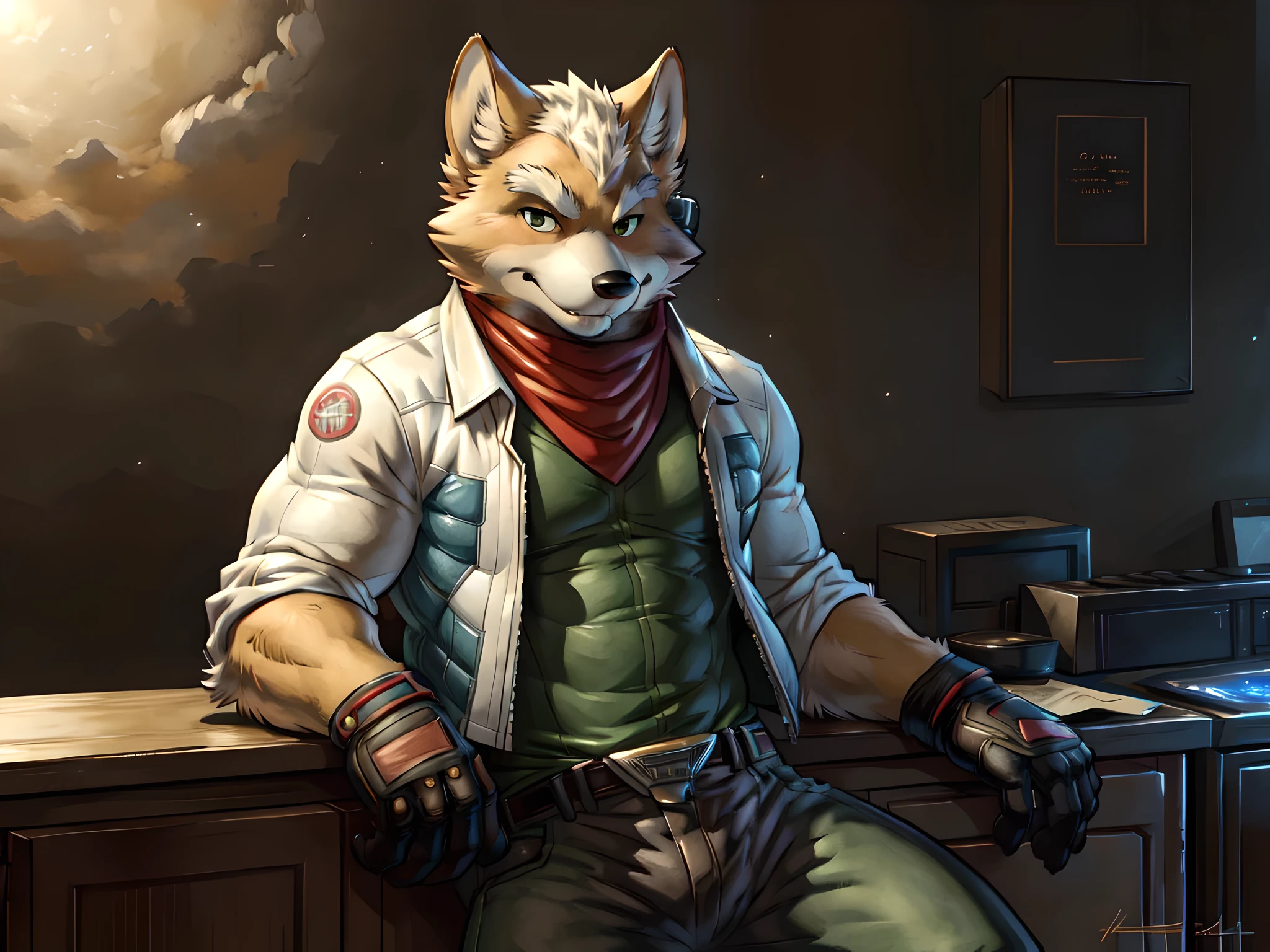 fox mccloud, 4k, high resolution, best quality, detailed, posted on e621, solo, anthro body, male, avarage build, (plain background:1.1), correct anatomy), sexy pose, posing, suggestive, strong lighting, (by wfa, by takemoto arashi, by meesh, by Taran Fiddler), detailed eyes, belt, jeans, shirt, jacket, leaning back, red scarf, gloves