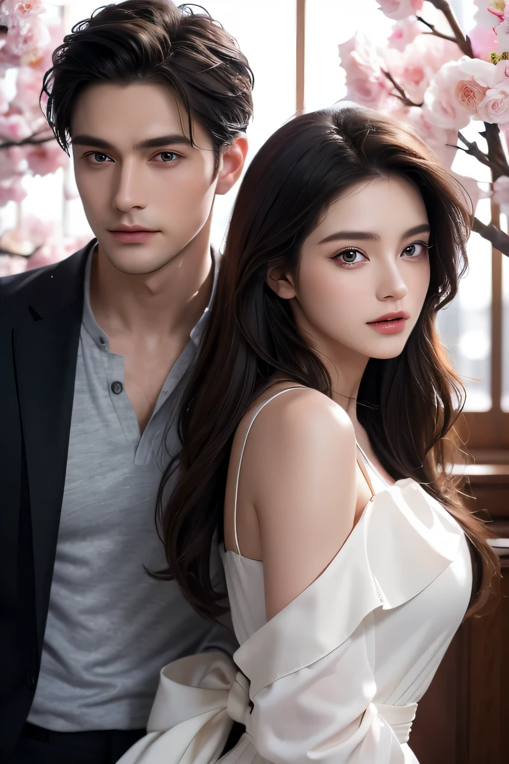 Modern. Casual wear. Elegant couple, masculie man and beautiful girl. Dark hair color. Very deatiled face. pretty eyes (perfect eyes). 8K resolution. Masterpiece. Romantic, love, glowing light. Look at the viewer. Petals.