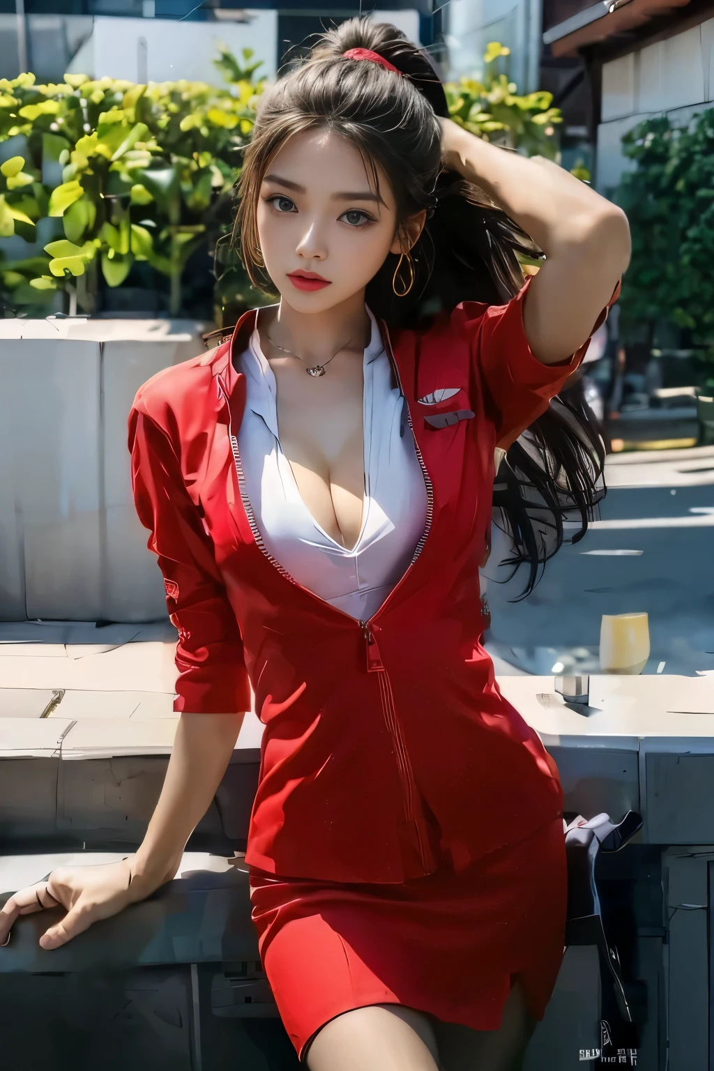 Ponytail Hair、Earrings、Young Asian Woman、blue eyes、Captivating look
