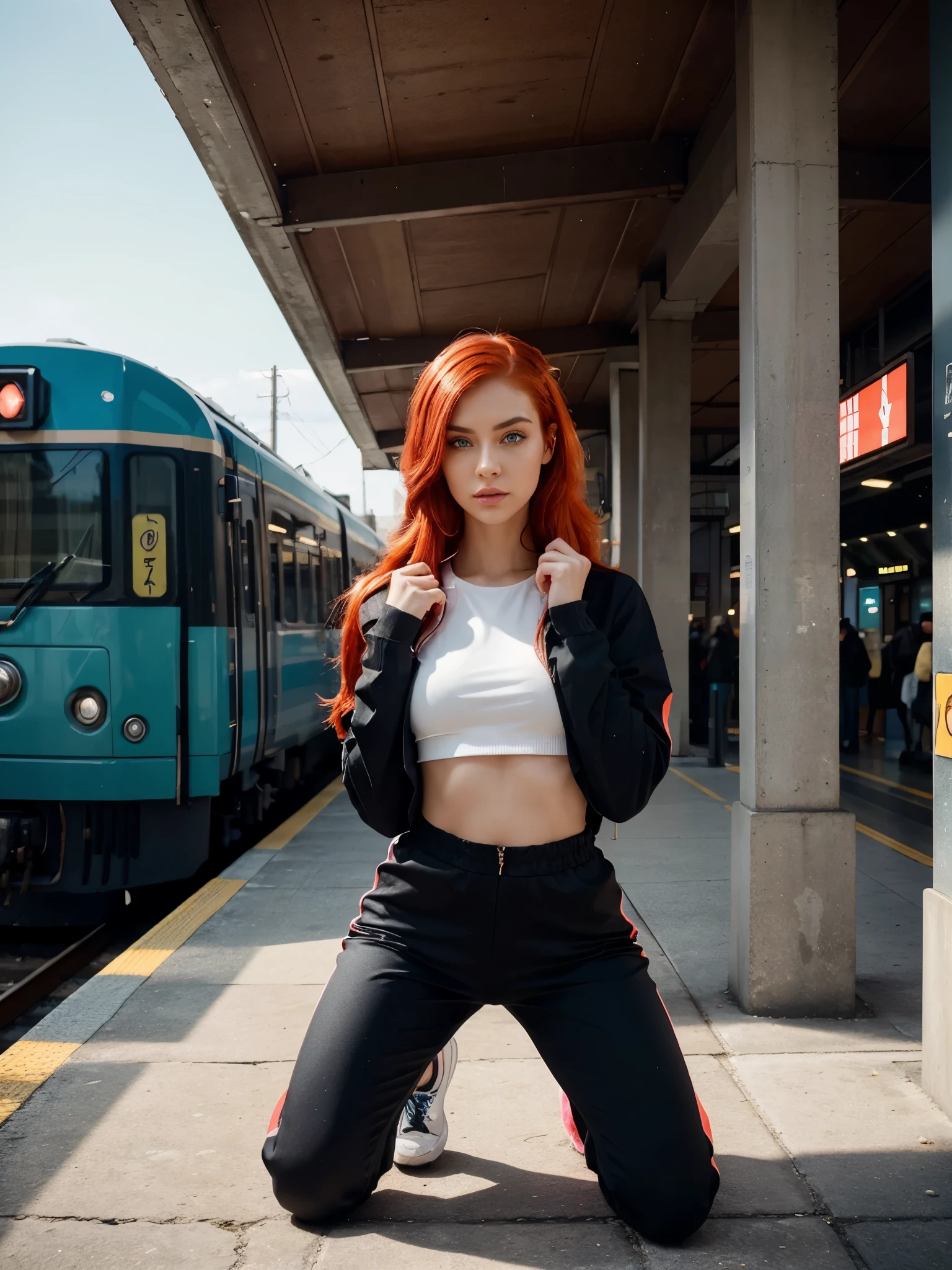 a 22 year old woman, serious expression and striking appearance. My hair ((long pastel neon red hair, contemporary and futuristic look)) frames my face and highlights my very very large blue eyes and brighter than a normal human being, magnetic brightness. My full lips are slightly parted, as if I'm about to say something. Her button nose is redder than the rest of her pale skin. My colored eyebrows are thick and dark, giving me a bold look. My cheekbones are high and defined and my eyelashes are long and curled. Her lips, painted in bold shades of bright orange. Their chromatic intensity completes the extraordinary ensemble, giving an aura of glamor and refinement to this girl with a memorable face.
In the train station, our model stands out with timeless elegance. Kneeling on the platform, wrapped in a tracksuit, she exudes determination and sophistication.
The camera captures the moment boldly, accentuating the verticality of the surrounding architecture. The twilight envelops the scene, giving a golden aura to the model and the urban context.
The tracksuit, with neutral colors and refined design, blends perfectly with the environment, while the spring wind slightly lifts her hair, adding freshness to the scene.
In this image, the model embodies the elegance and determination of those who challenge the boundaries of time, transforming the train station into a timeless fashion stage.