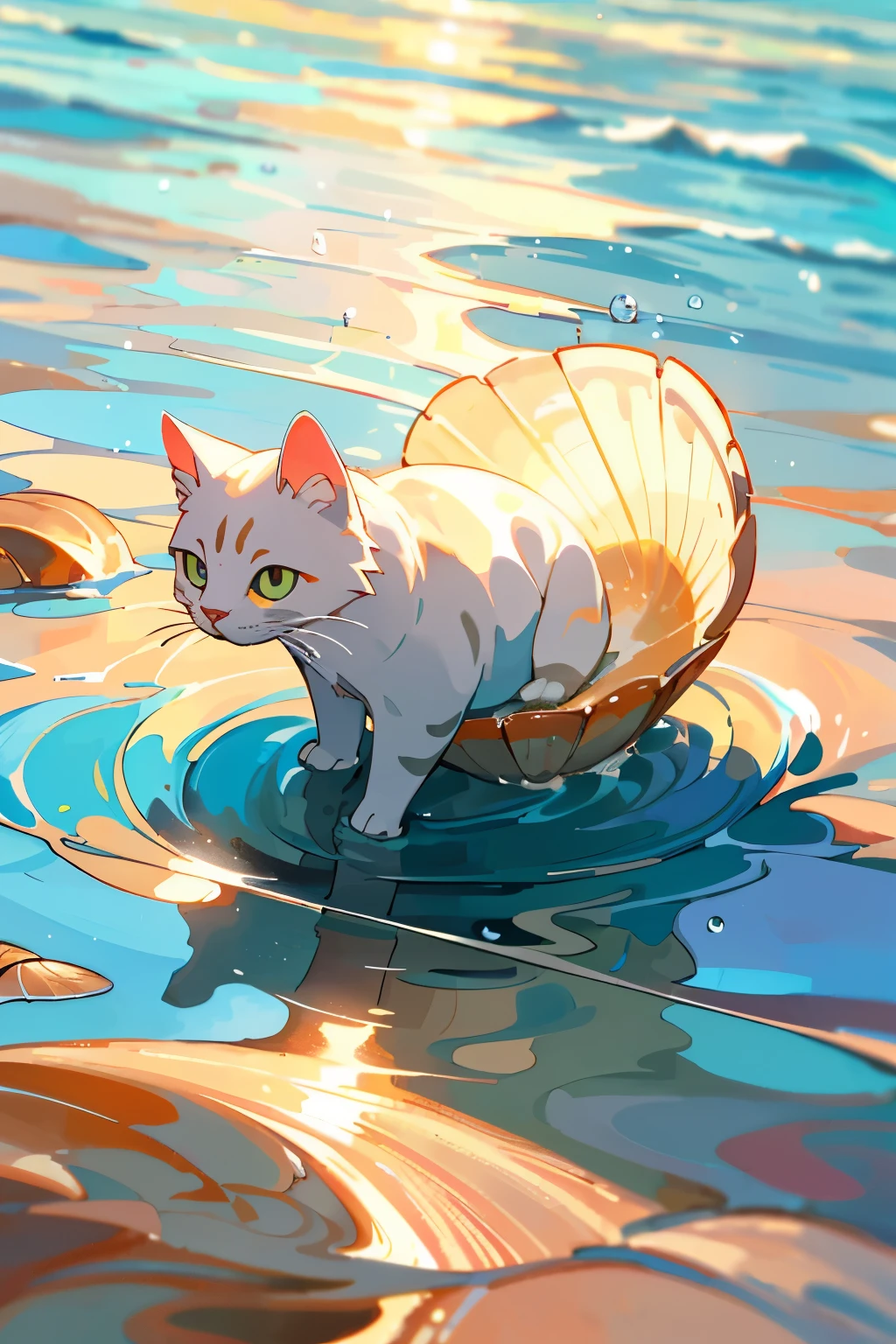 A cat in a playful pose swims amidst a backdrop of vividly colored liquids, its paws paddling enthusiastically as it interacts with the water. The whimsy of the scene is reminiscent of a Ghibli-inspired setting, with the shimmering reflections of the rainbow hues casting a magical glow over the water's surface. The cat's fur, glistening with water droplets, adds to the enchanting ambiance of the image. --s2

A boy ((holding a seashell to his ear, listening intently)) on a ((sandy beach, under a sunny sky)), surrounded by (((rippling waves