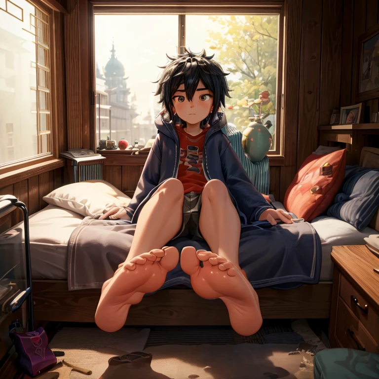 ((Masterpiece)), ((highest quality)), young male, Hro Hamada_Big hero 6, In his bedroom, showing the soles of his feet, perfect feet, five toe feet, feet focus