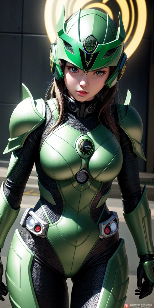 realistic,hd,ultra hd,detailed,hdr,8k, women kamen rider, black and green armor