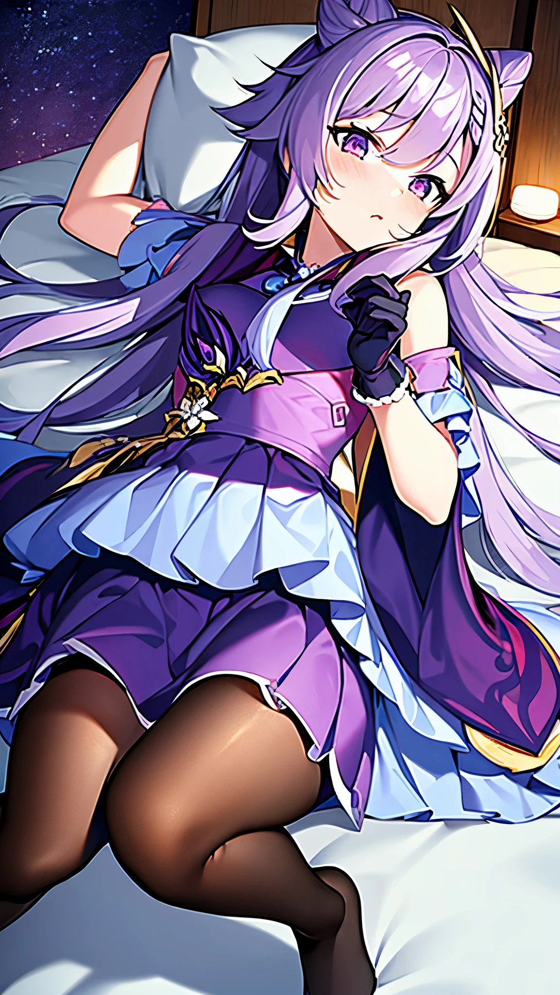 ((masterpiece:1.4, best quality)), purple hair, night,bedroom, laying on bed, 1girl, keqing \(genshin impact\), naked