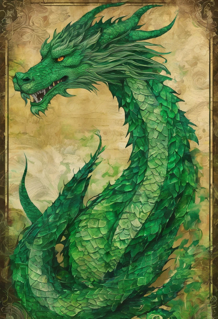 emerald green dragon irish green, grand magicien puissant, regard intrusif, posture Grand sage visionnaire, green forest background ::2 colorful ink painting ::2 art fantasy