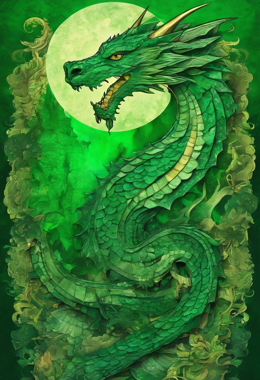 emerald green dragon irish green, grand magicien puissant, regard intrusif, posture Grand sage visionnaire, green forest background ::2 colorful ink painting ::2 art fantasy