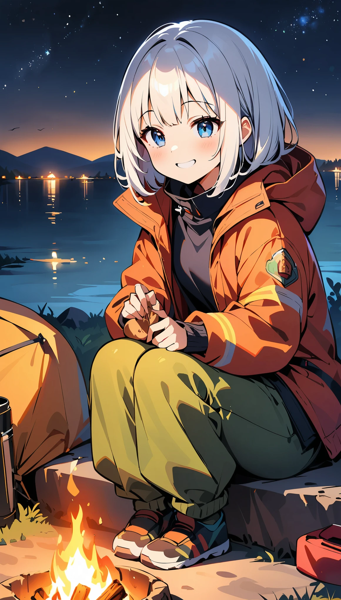 (high quality, 8k, 4K, High Contrast, masterpiece:1.2, 最high quality, Best aesthetics), campfire, night lakeside, Tents and camping gear, Firefighter, A person stuffing their face with food, smile, Look up at the starry sky, Fun time, Spacious, Soft bonfire light, Best memories,