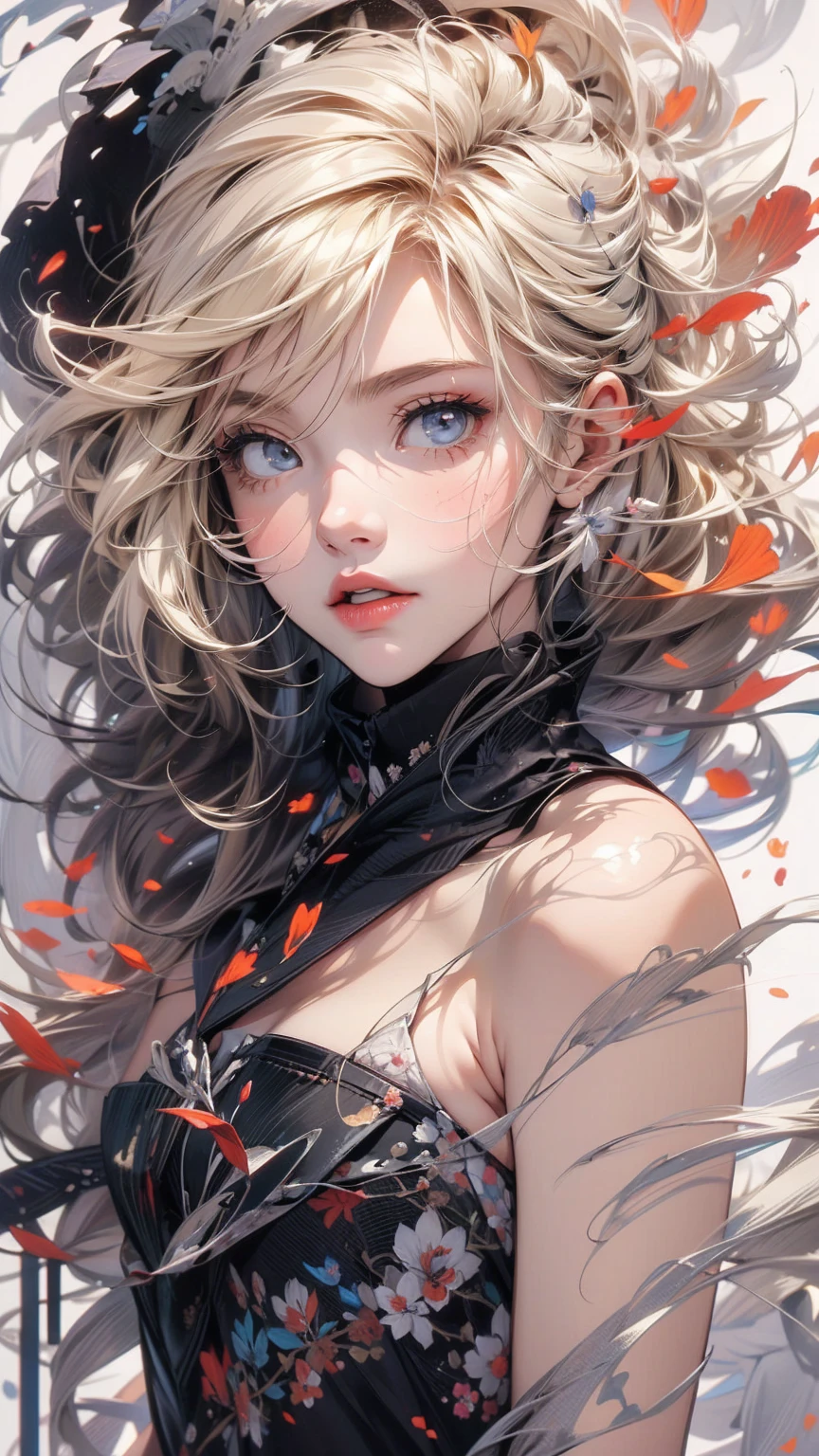 (masterpiece, High resolution, highest quality), Composition from head to thighs:1.3, Upper body focus, 20-year-old woman, Wearing only a large piece of black cloth:1.3, Blonde Hair, Disorganized, Petal Collage, crooked, Black Haze, abstract design, artistic juxtapositions, White background, mixed-media approach, Fractal Art, Anime Style, simple lines, Digital Painting,