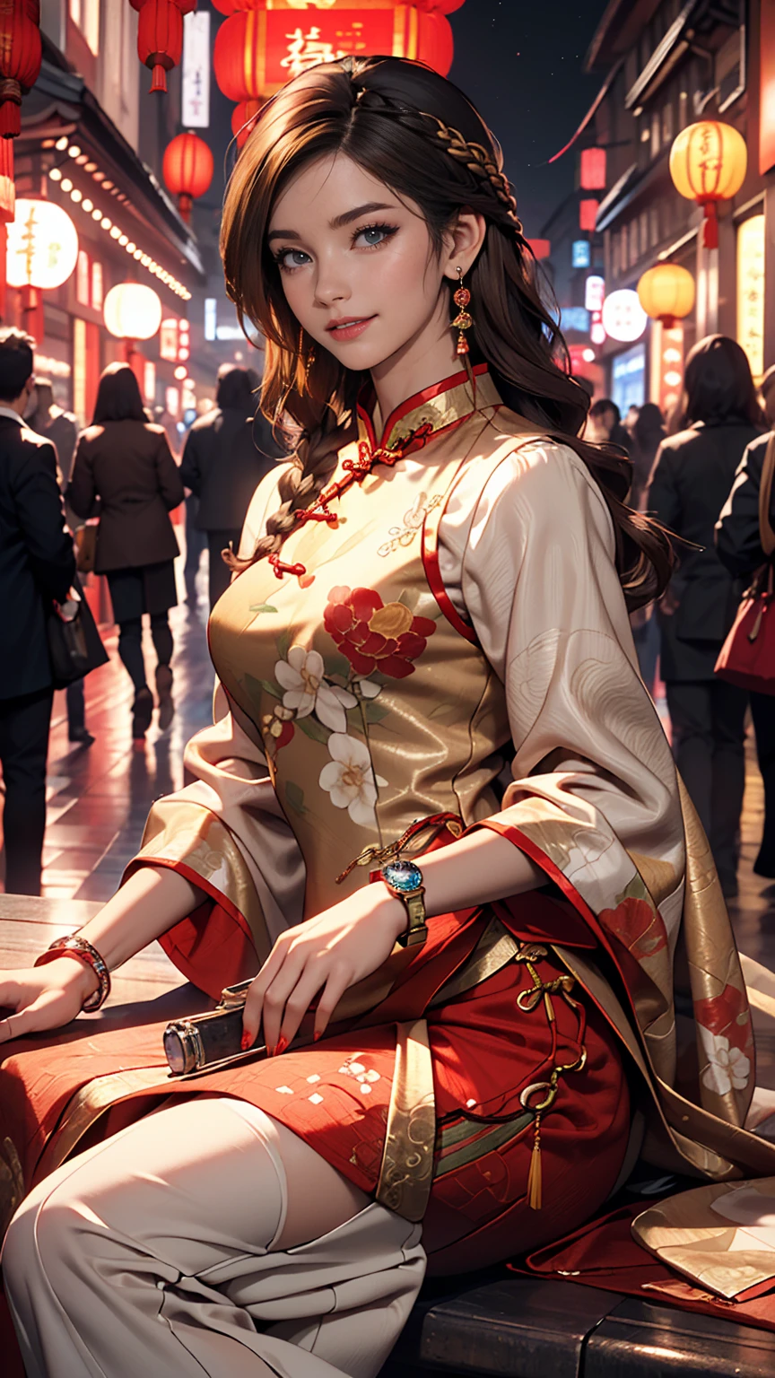 ((最high quality, 8K, masterpiece: 1.3, Ultra HD, high quality, 最high quality, High resolution, realism)) 、25-year-old Caucasian female、blue eyes、long hair、smile、I want my head to stay off screen、Wear accessories on your wrist、Wearing red nail polish、I have a peticure、aerial perspective((atmospheric perspective))、smile((smiley))、Background blur((depth of field)、Crystal Earrings((crystal earrings))、Japanese women、Braided long hair((low-braided long hair))、A lavishly decorated Qipao((cheongsam))Wear、Wear stiletto heels、I&#39;m in Chinatown, where the night lights are beautiful.