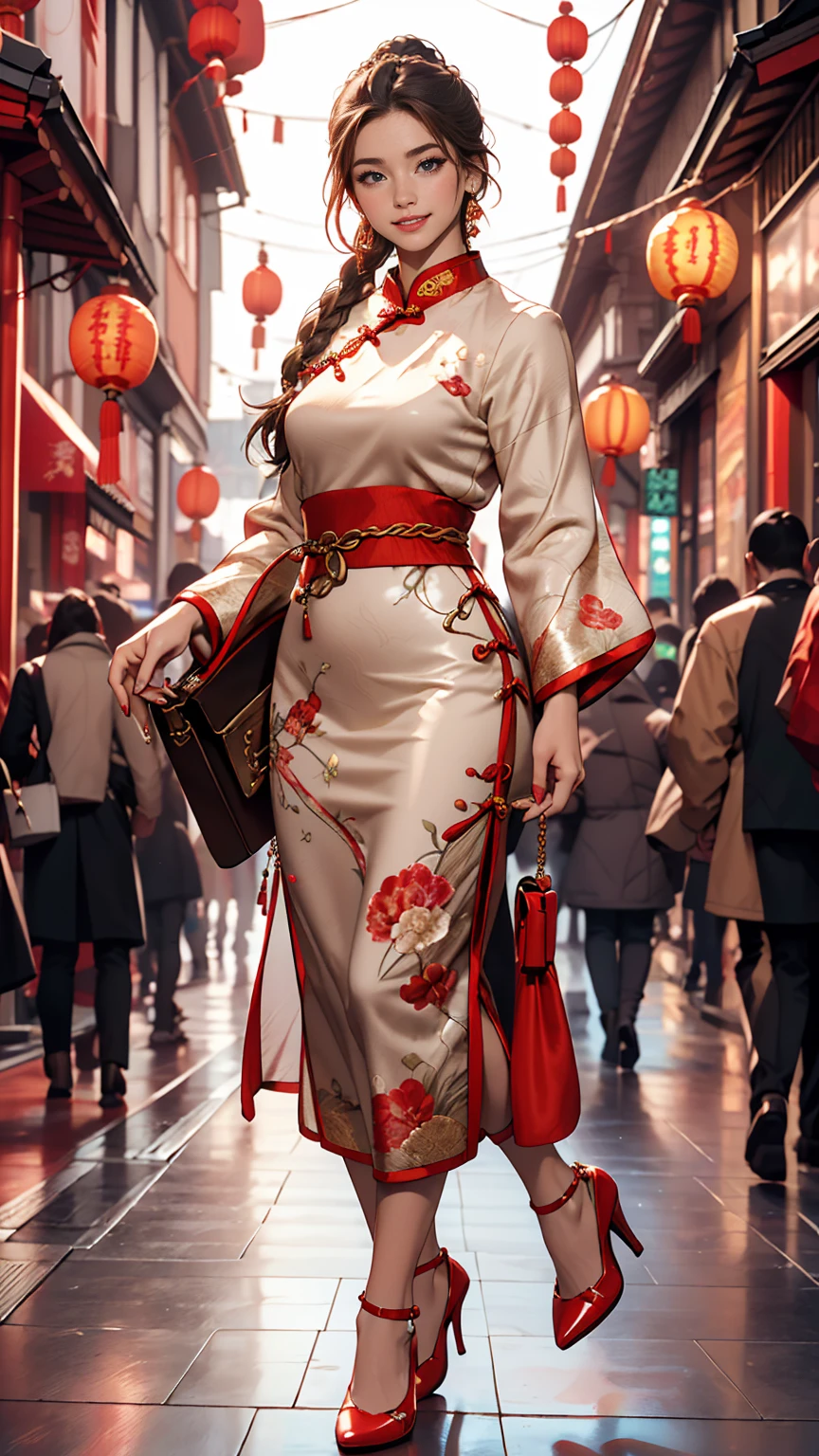 ((最high quality, 8K, masterpiece: 1.3, Ultra HD, high quality, 最high quality, High resolution, realism)) 、25-year-old Caucasian female、blue eyes、long hair、smile、I want my head to stay off screen、Wear accessories on your wrist、Wearing red nail polish、I have a peticure、aerial perspective((atmospheric perspective))、smile((smiley))、Background blur((depth of field)、Crystal Earrings((crystal earrings))、Japanese women、Braided long hair((low-braided long hair))、A lavishly decorated Qipao((cheongsam))Wear、Wear stiletto heels、I'm in Chinatown, where the night lights are beautiful.