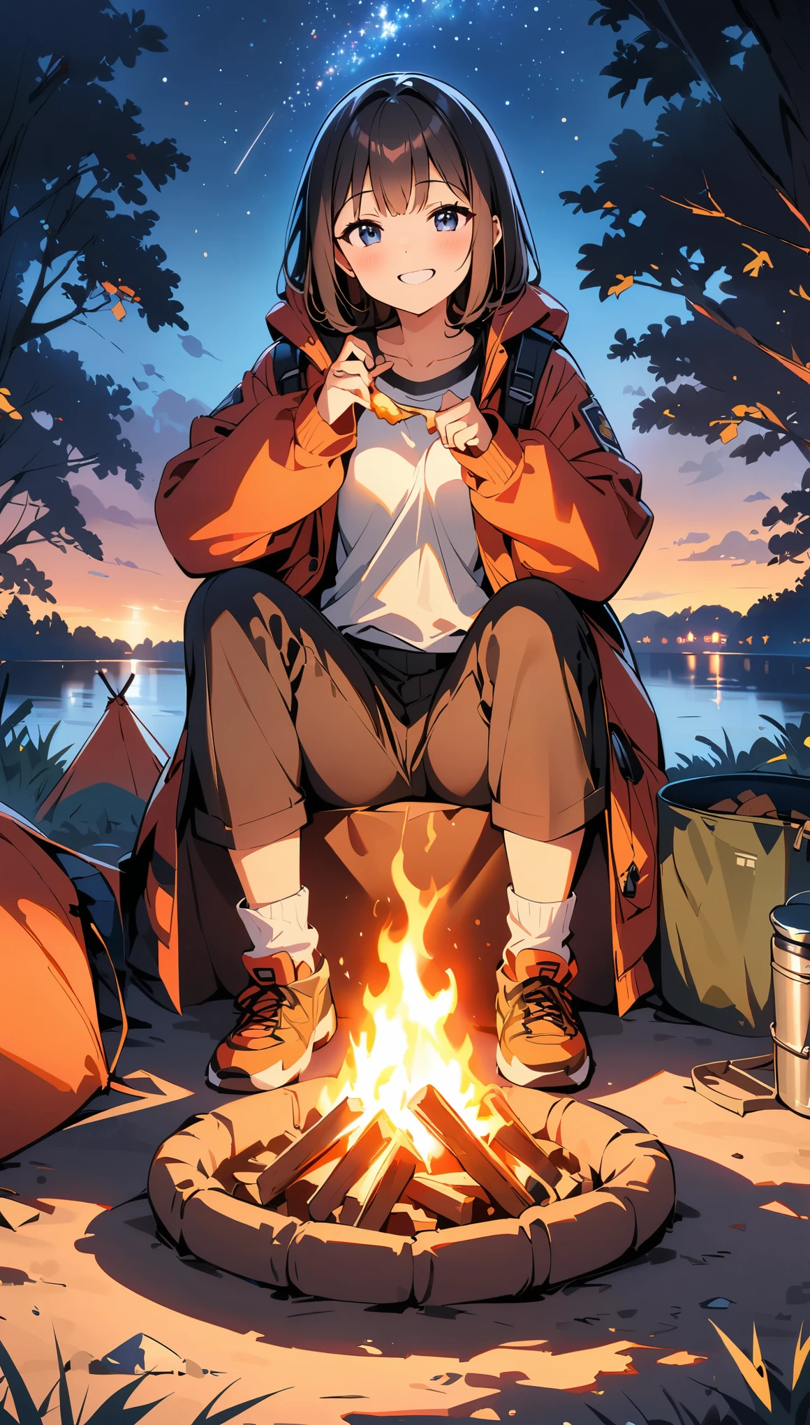 (high quality, 8k, 4K, High Contrast, masterpiece:1.2, 最high quality, Best aesthetics), campfire, night lakeside, Tents and camping gear, Firefighter, A person stuffing their face with food, smile, Look up at the starry sky, Fun time, Spacious, Soft bonfire light, Best memories, 