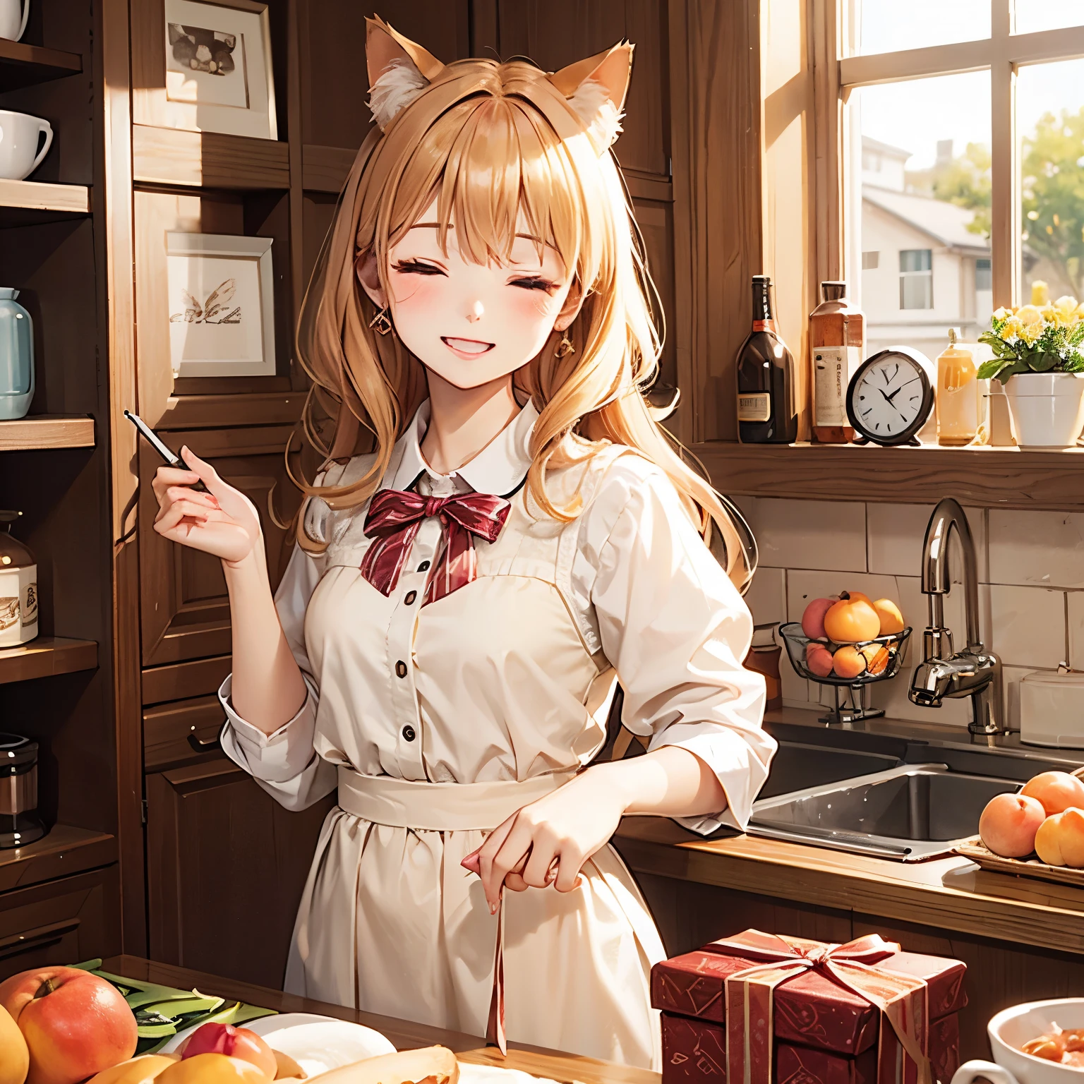 A cat wearing an apricot-colored ribbon、Hair apricot color、Apricot-colored eyes、Apricot-colored clothing、smile、Closed eyes that laughed、Have a gift、Appearance of being happy and cheerful