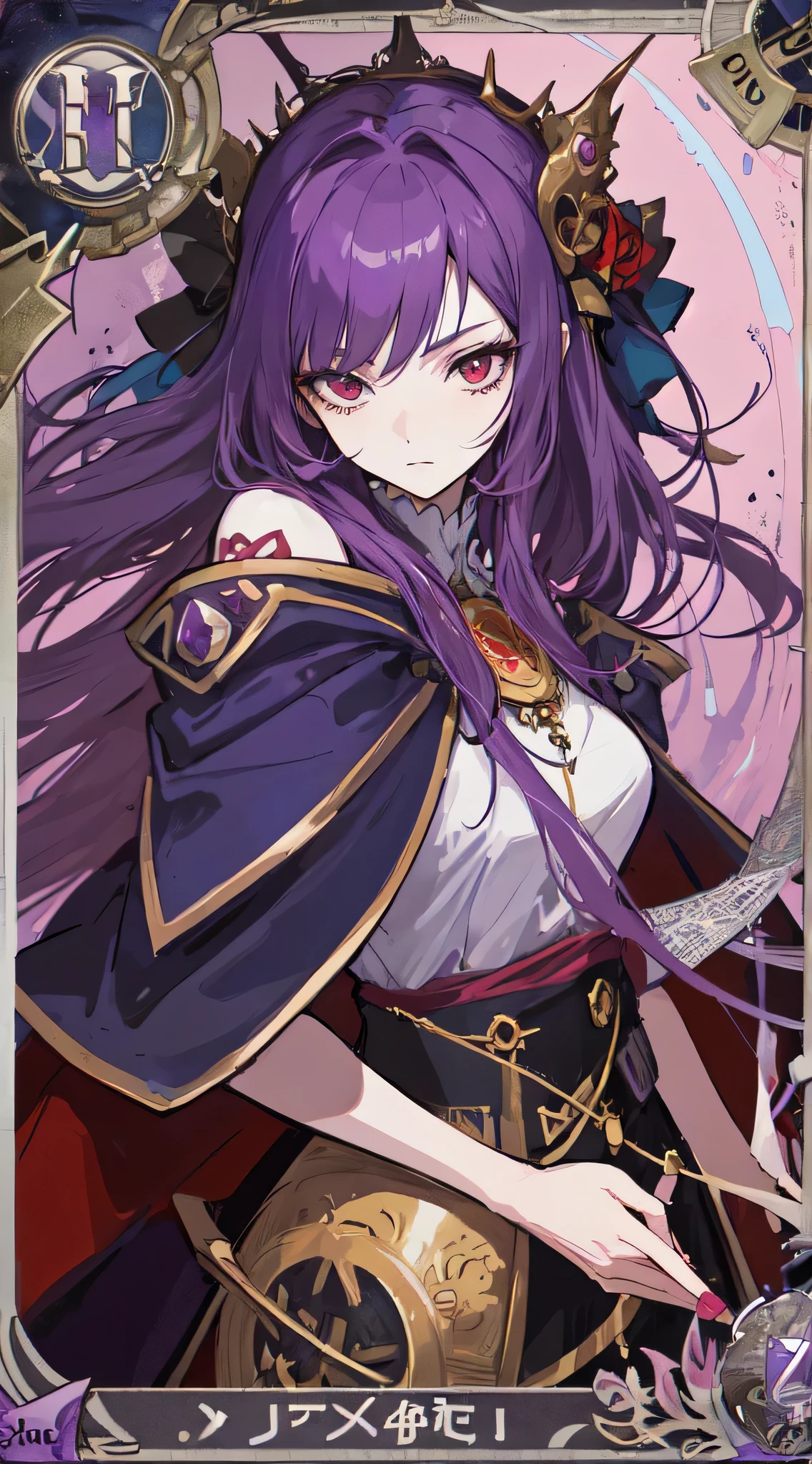 1Gir,l purple hair, sharp red eyes she is 'The Queen' make it like an anime-style tarot card very nice and detailed, no mistakes.